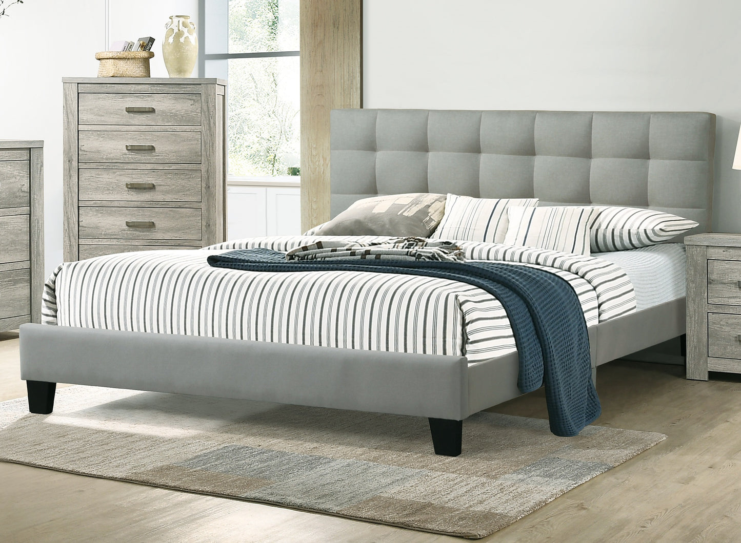 Grey upholstered bed frame with tufted headboard queen size modern style