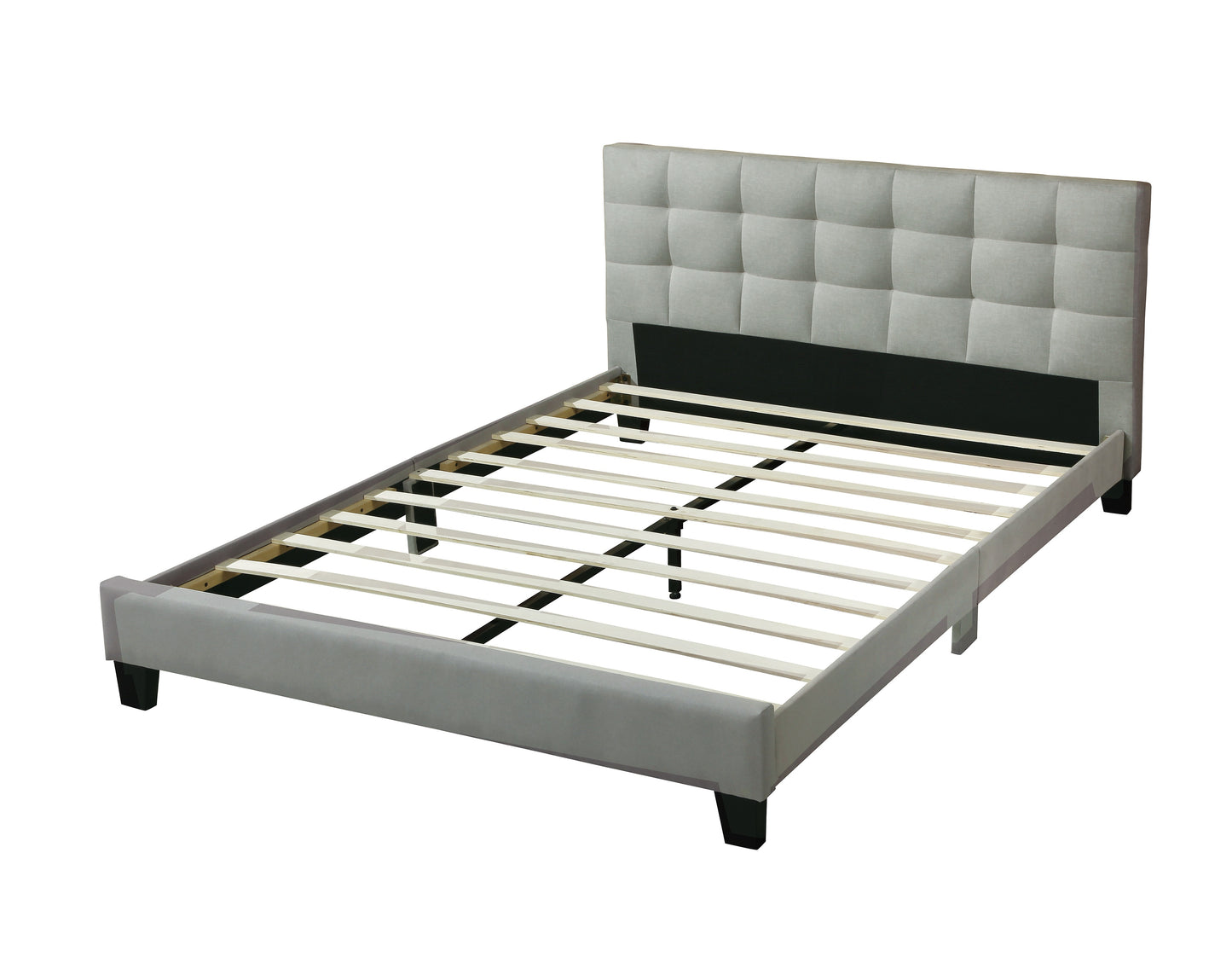 Grey upholstered bed frame with tufted headboard and wooden slats