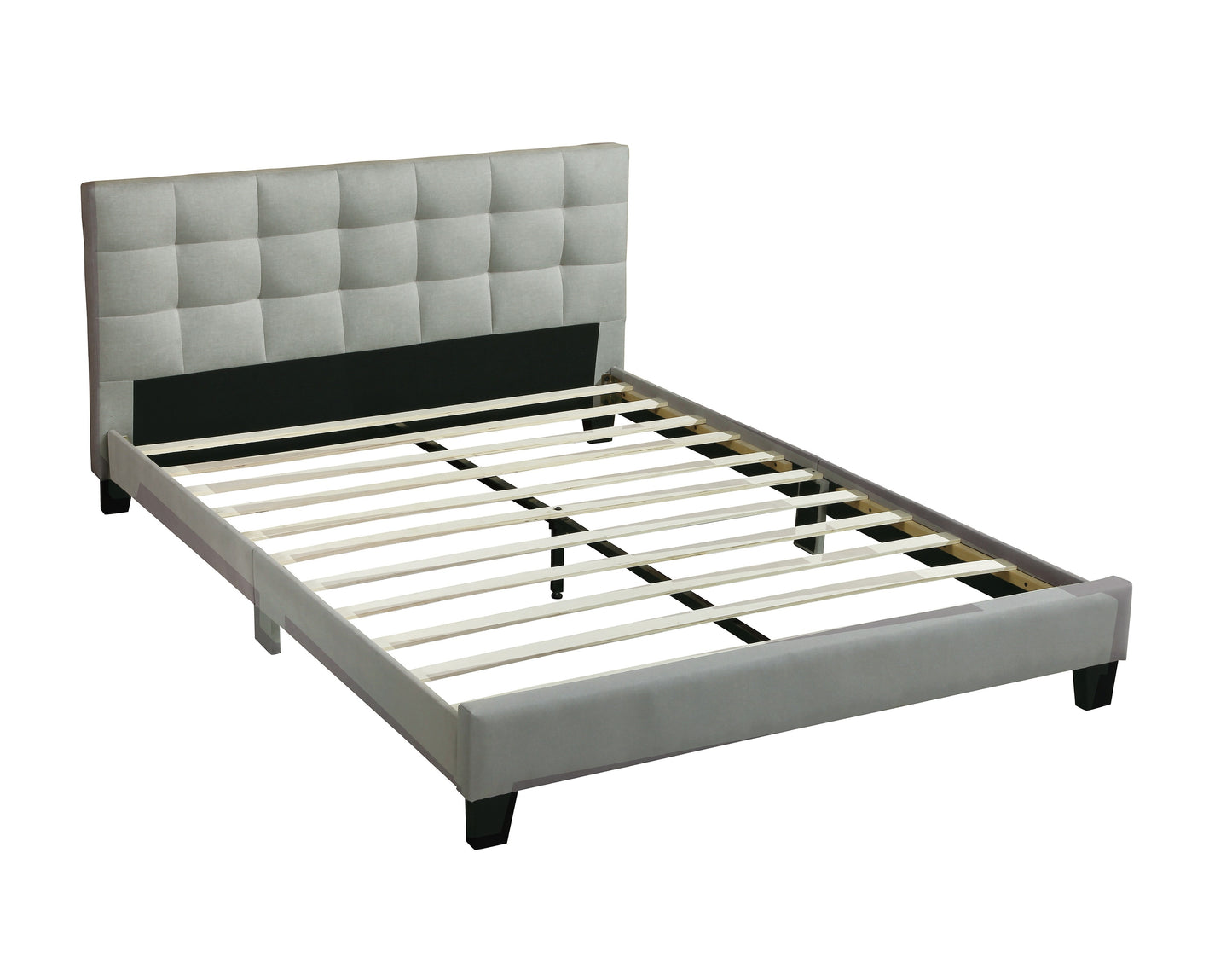 Tufted grey fabric bed frame with wooden slats and black legs queen size