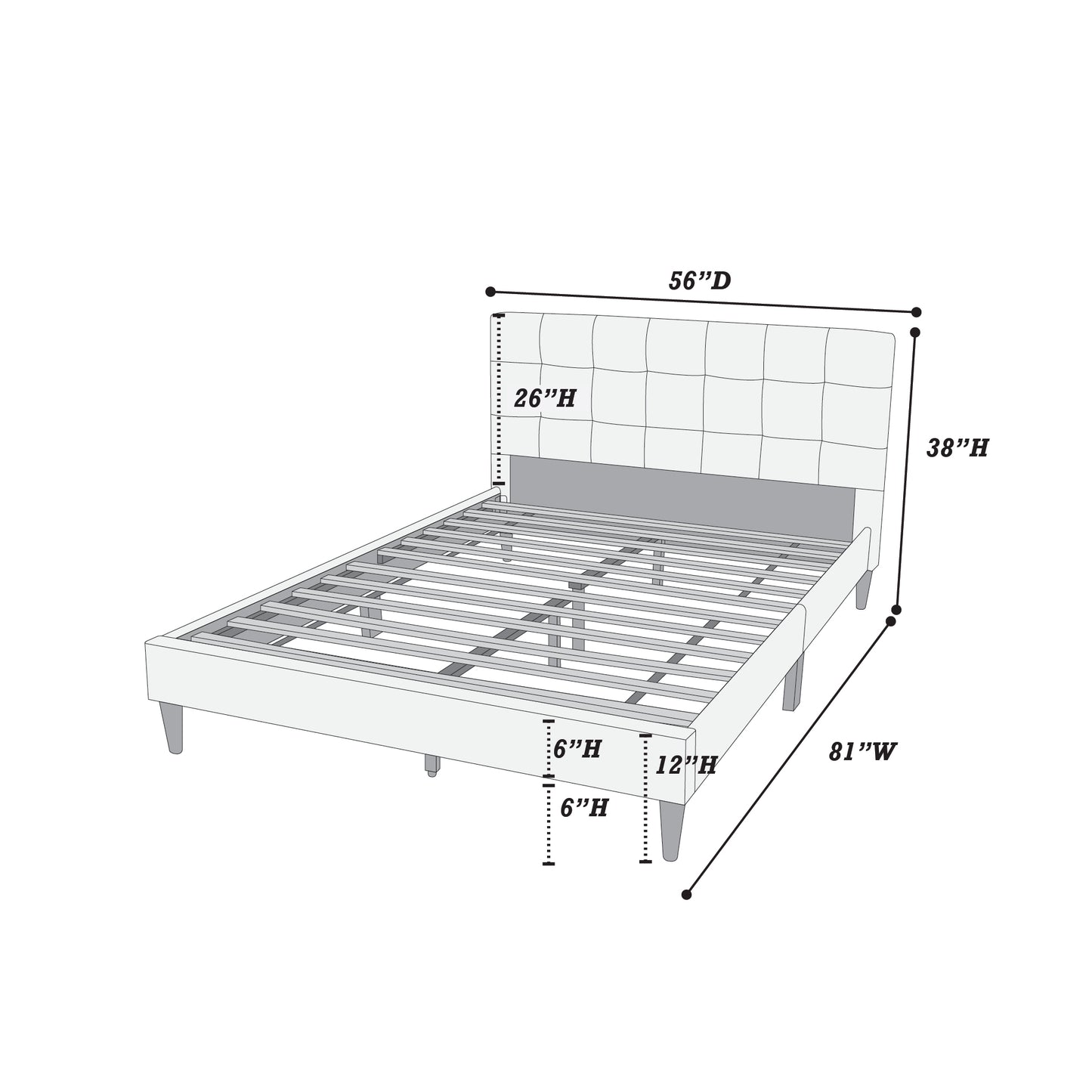 Diagram of a modern upholstered bed frame with tufted headboard and metal slats