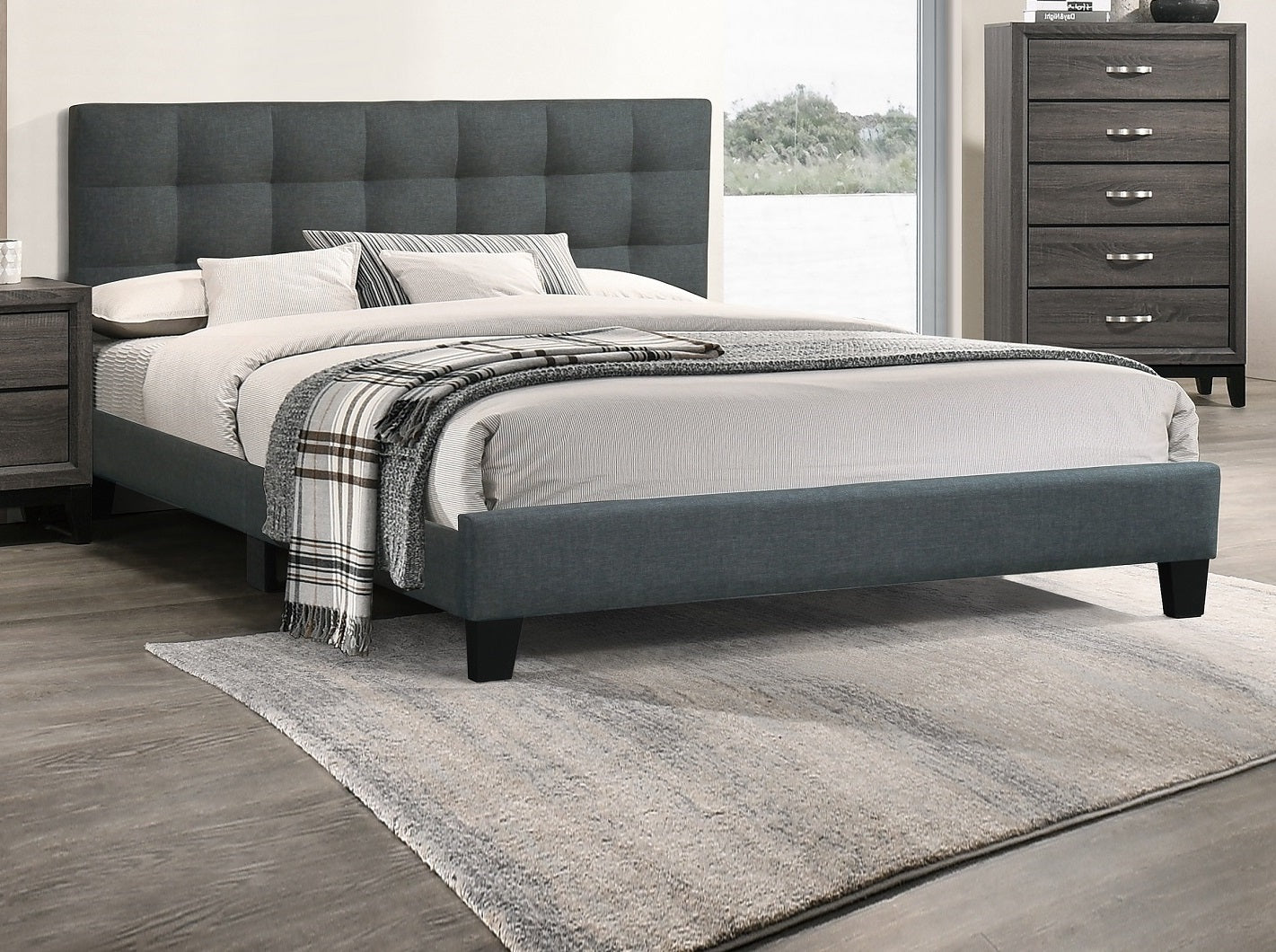 TREATLIFE HOME Modern Full Size Bedframe with Charcoal Upholstered Tufted Headboard, Platform Design with Slat Support
