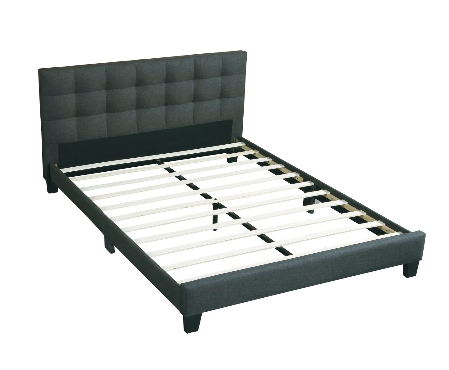 Charcoal grey upholstered bed frame with tufted headboard and wooden slats