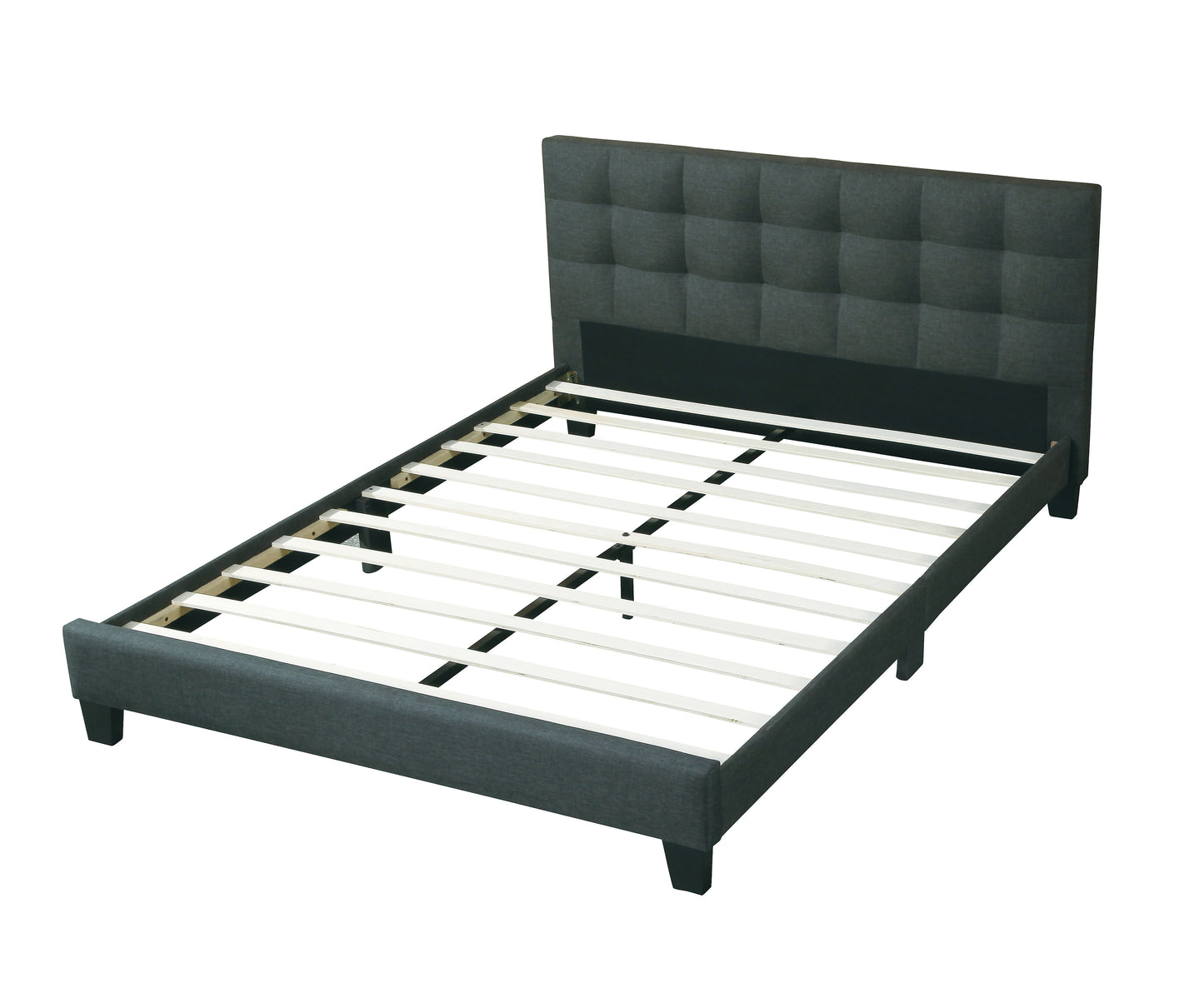 Dark grey fabric bed frame with tufted headboard and wooden slats