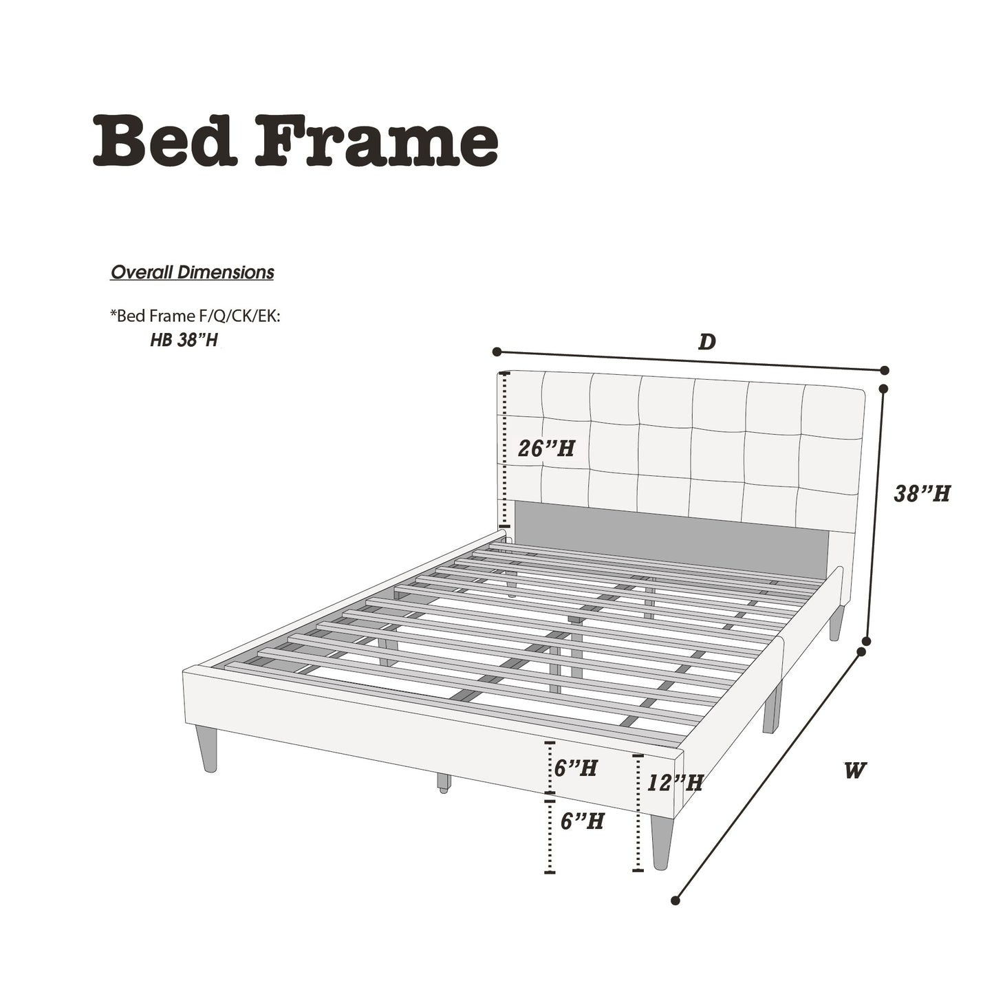 Diagram of a tufted upholstered queen bed frame with dimensions