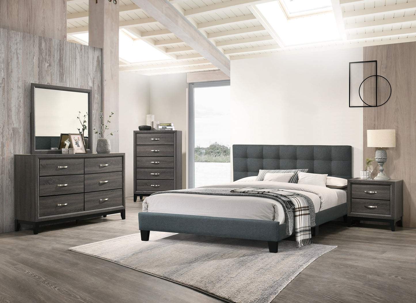 Dark grey upholstered headboard king bed with tufted design complemented by matching nightstands