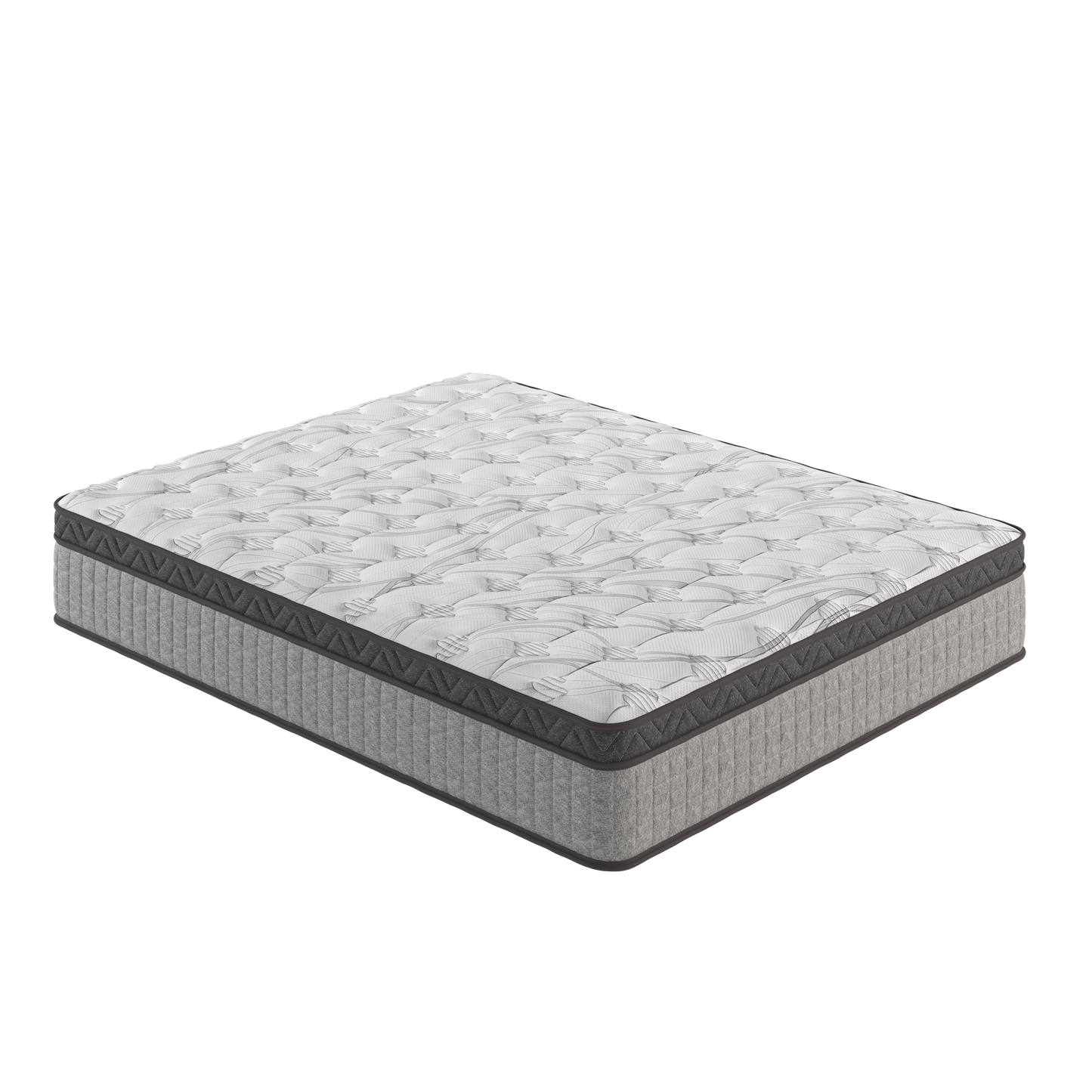 Plush white euro top mattress with intricate wave pattern and quilted grey sides