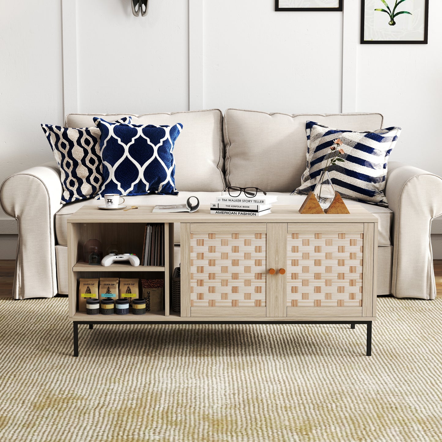 Light oak storage cabinet with woven door fronts and open shelving perfect for living room organization
