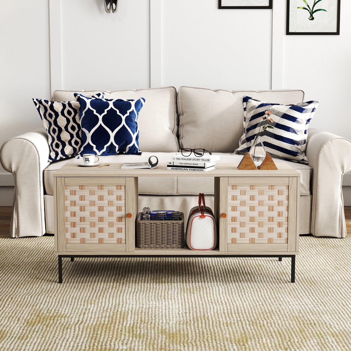 Light oak media console with woven wood panels and black metal legs