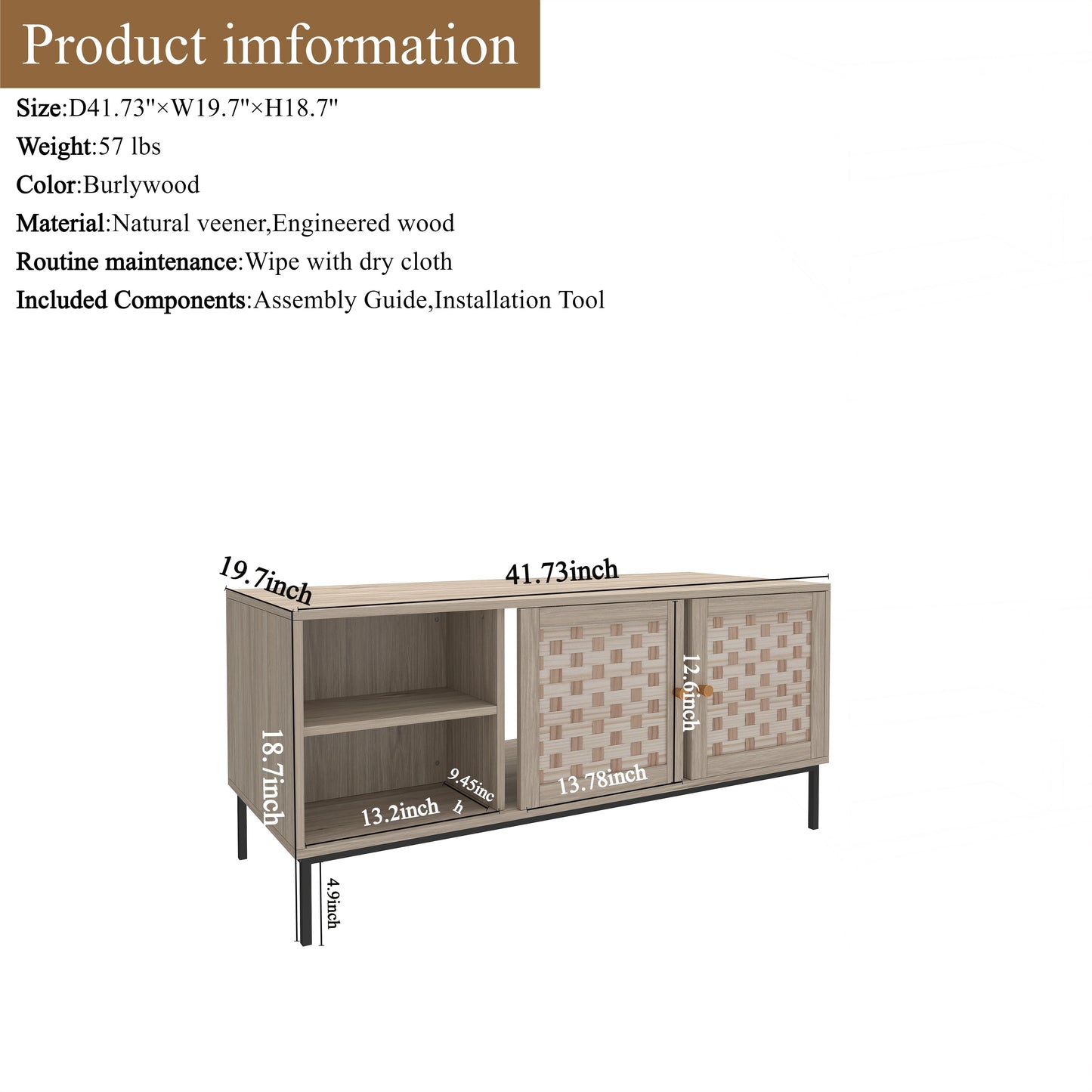 Burlywood accent cabinet with woven door panels and open shelving ideal for media storage
