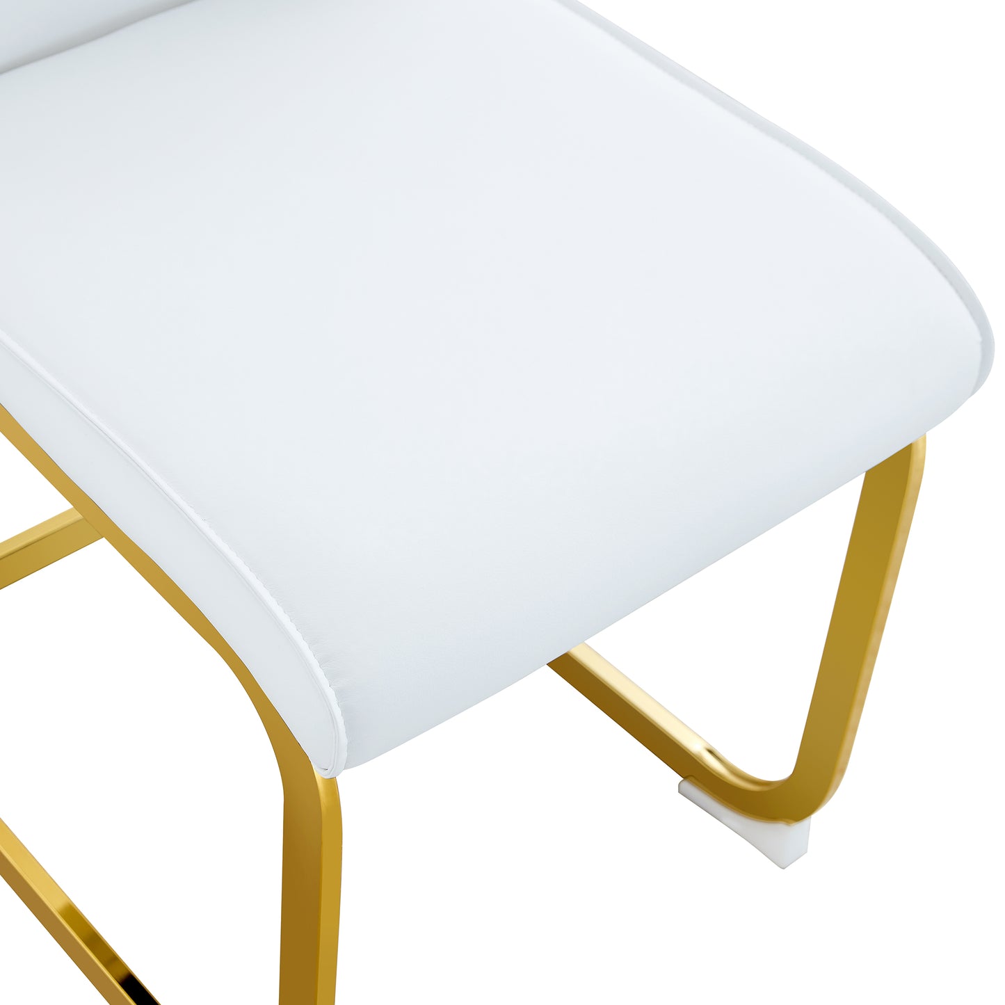 White upholstered vanity stool with modern gold legs and clean stitching