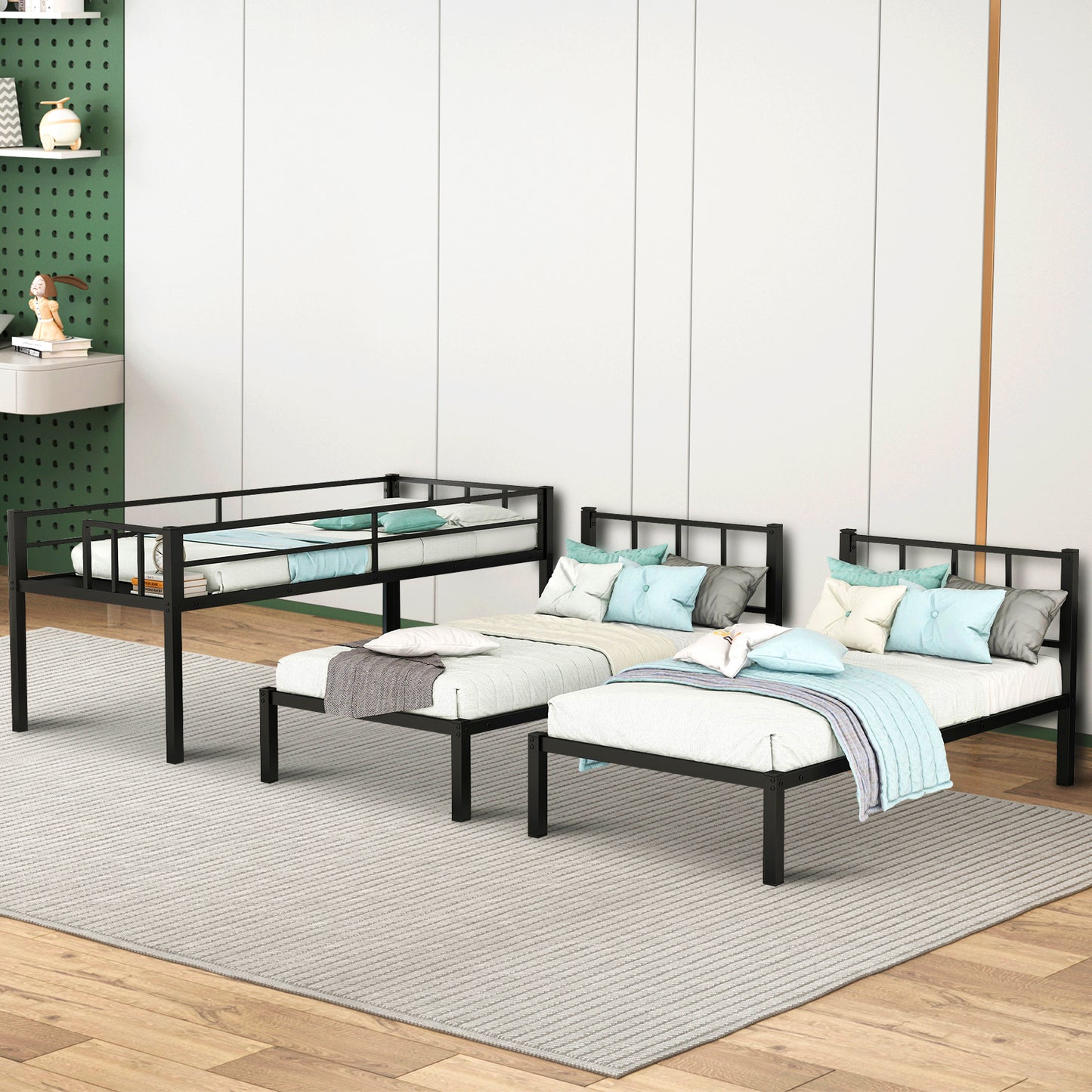 Black metal twin bunk bed with guardrails and mattresses