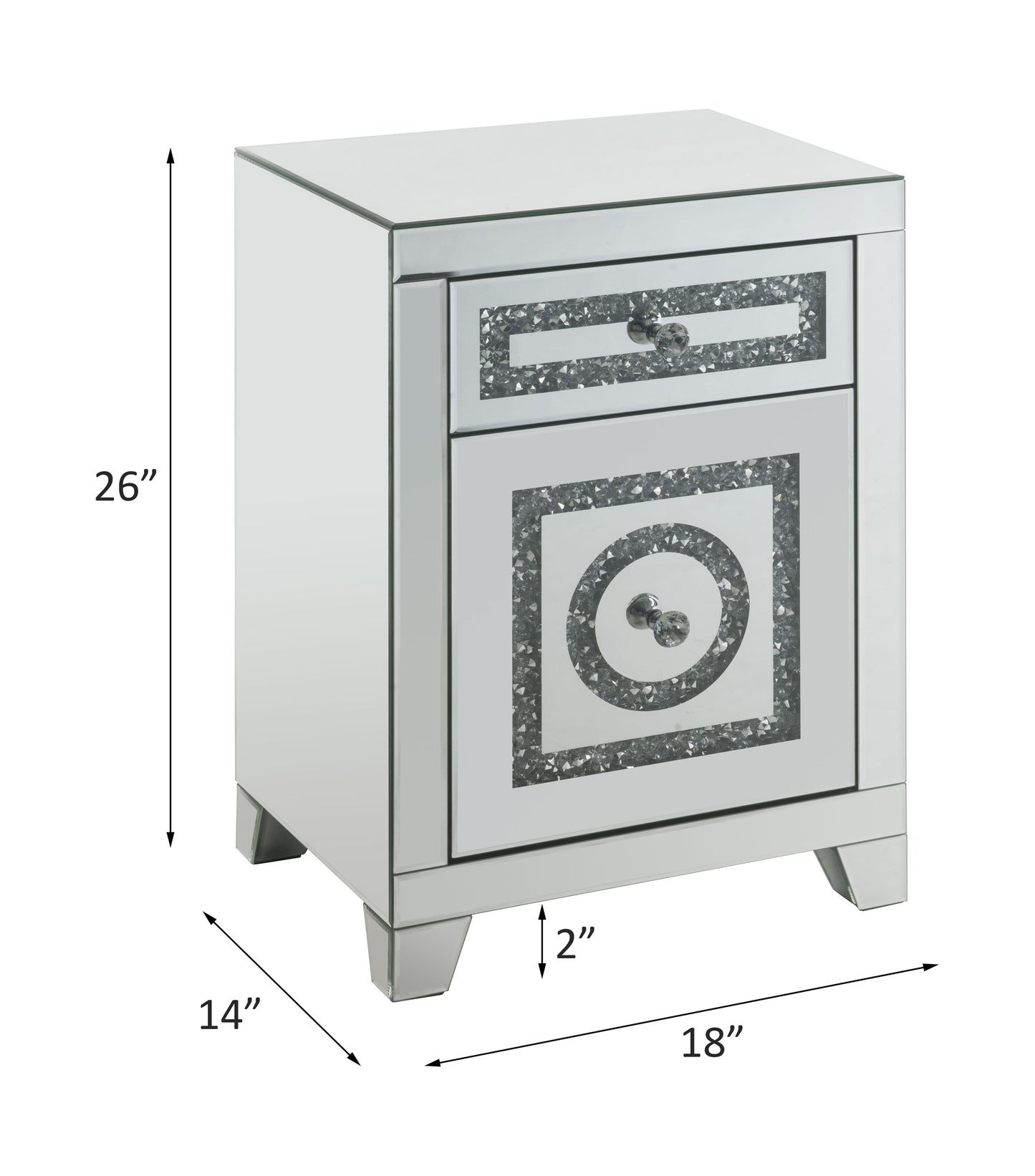 Mirrored nightstand with crystallike accents on drawer and door diamondshaped detail