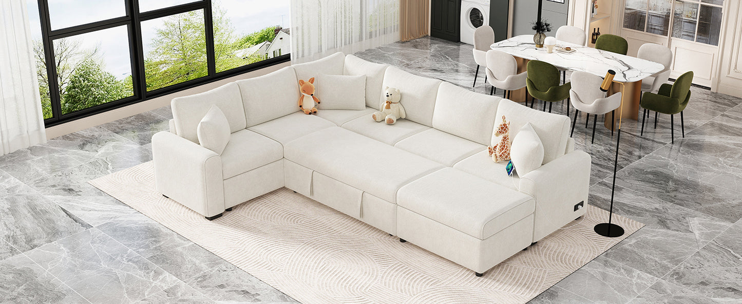 Creamcolored modular sectional sofa with plush cushions and storage ottoman perfect for living room