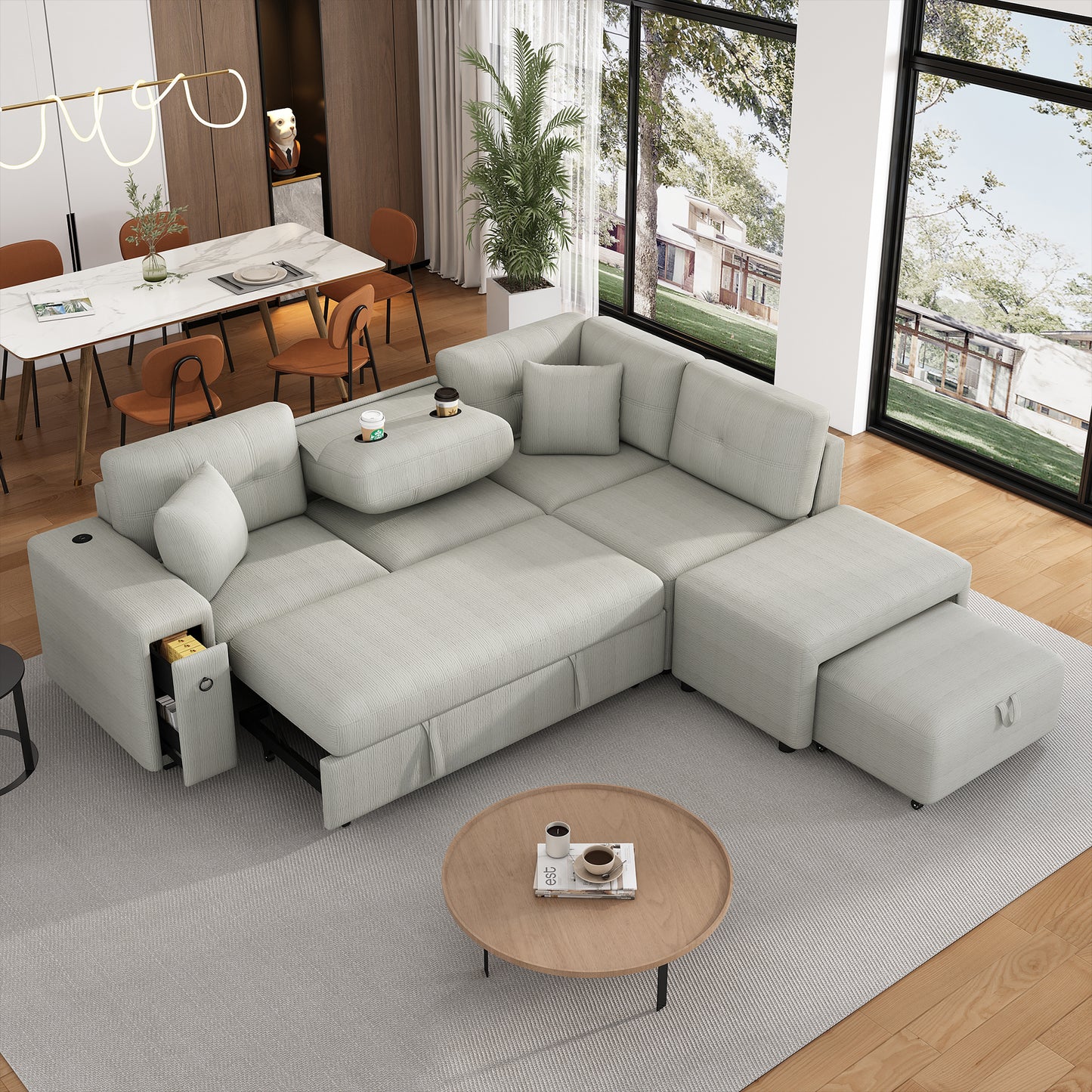 Light gray fabric sectional sofa with builtin storage and cup holders