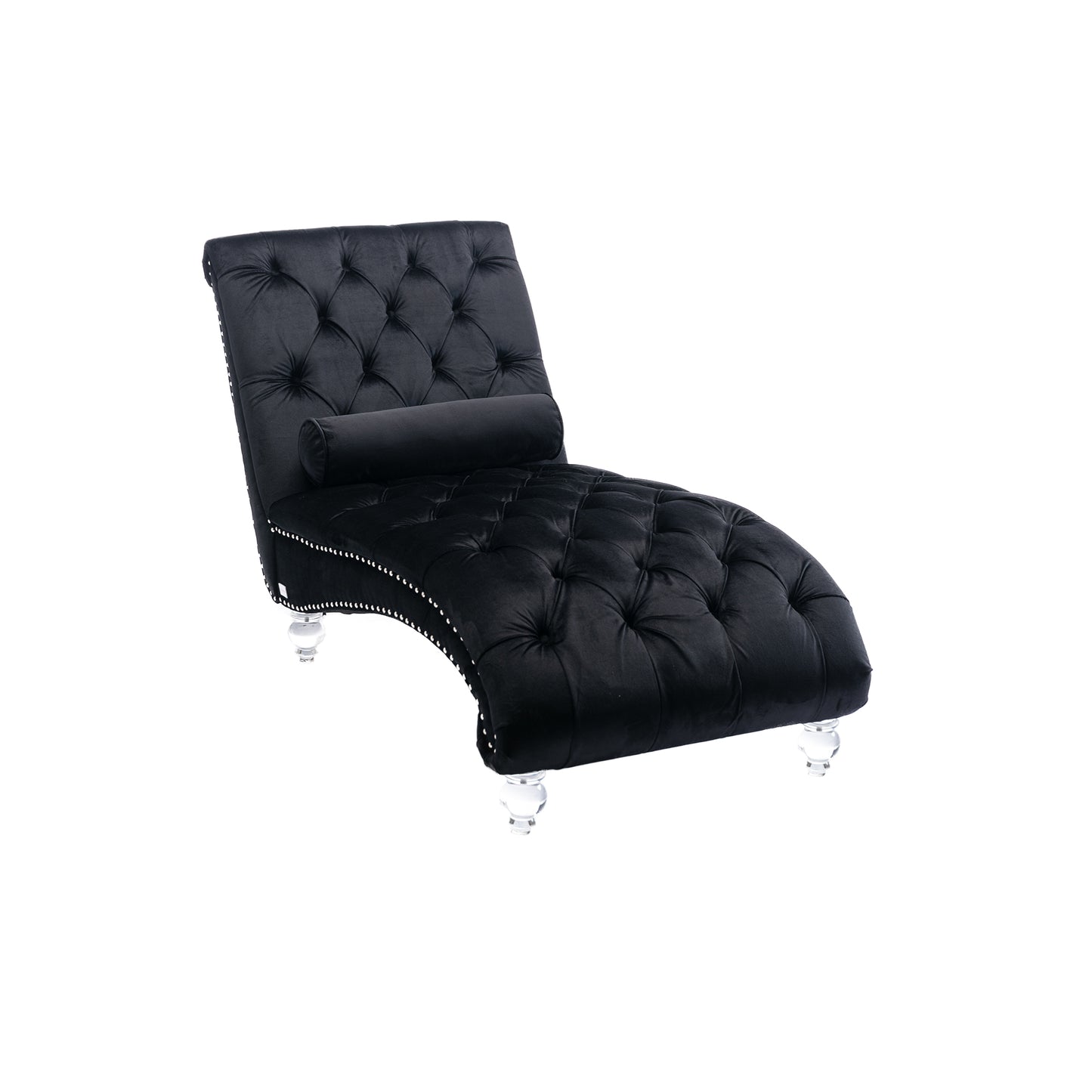Black velvet chaise lounge with crystal legs and tufted design