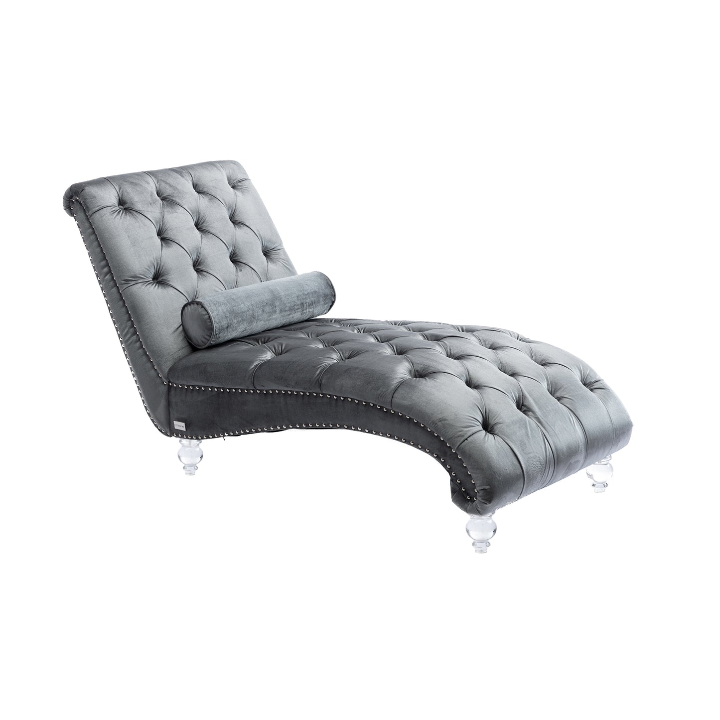 Tufted grey velvet chaise lounge with silver nailhead trim and clear acrylic legs