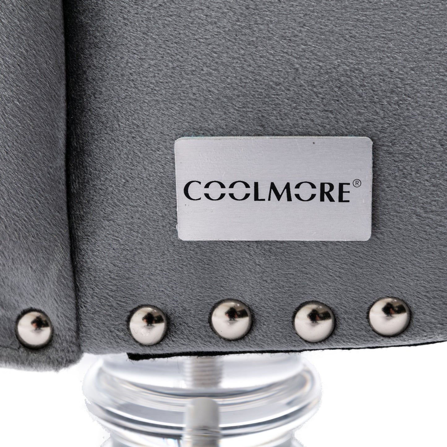 Gray faux fur office chair with silver studs and COOLMORE logo