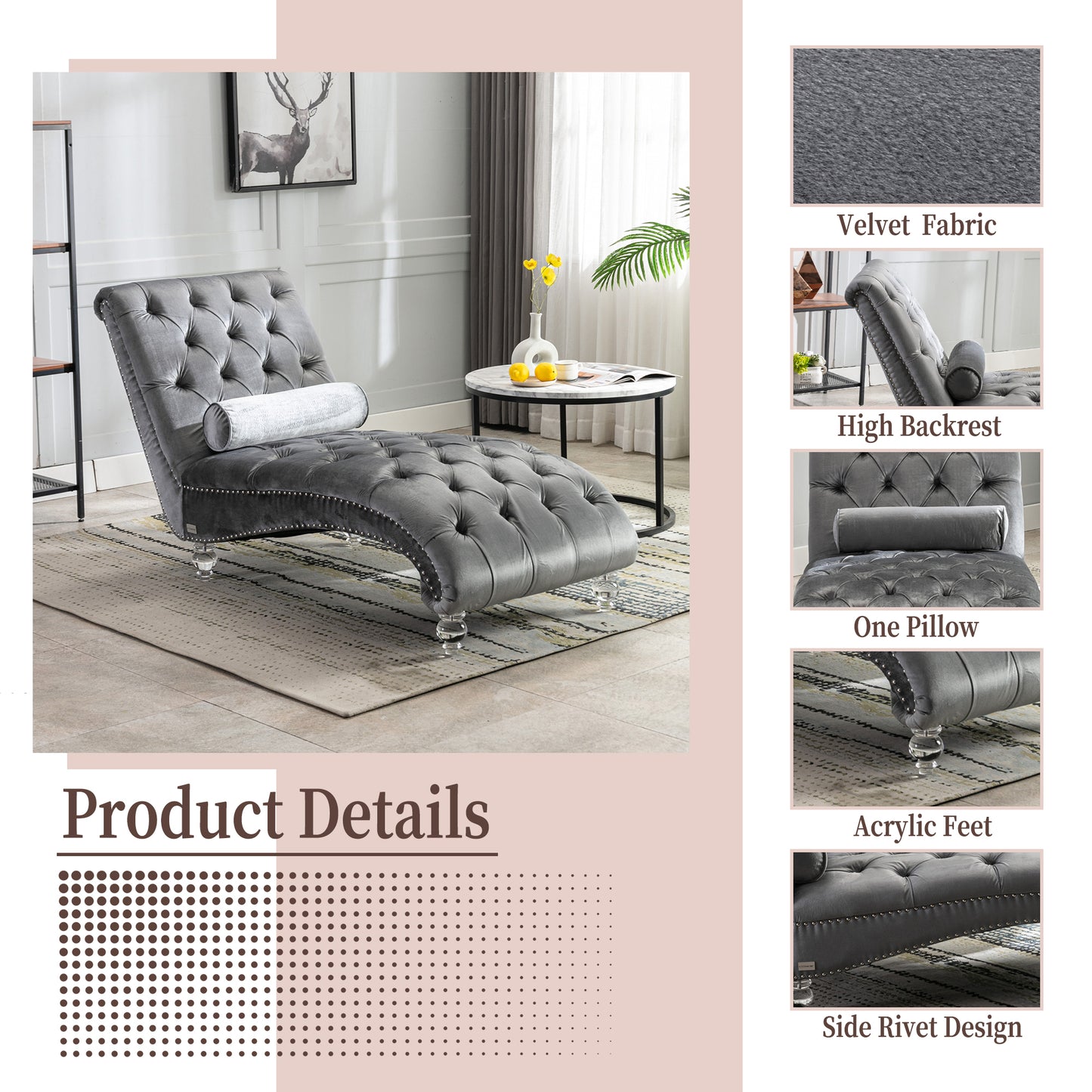 Gray velvet tufted chaise lounge with silver nailhead trim and crystal legs