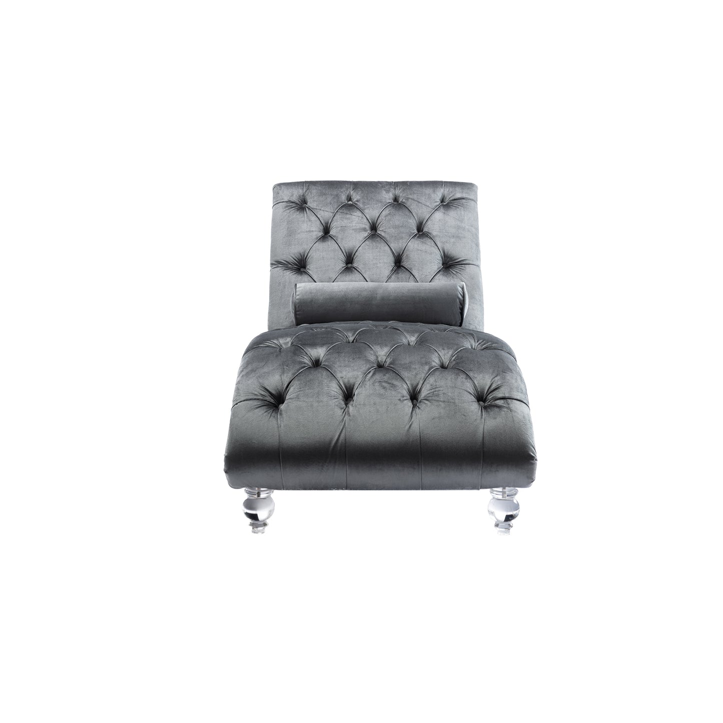 Grey velvet chaise lounge with tufted details and crystal legs