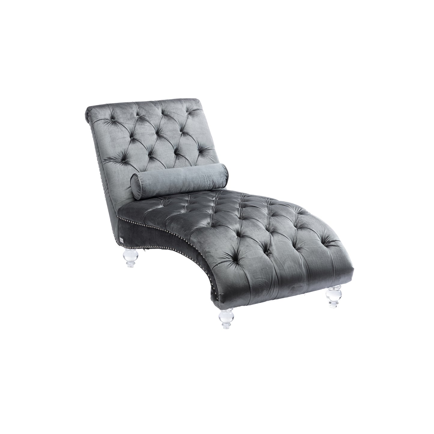 Grey velvet tufted chaise lounge with silver nailhead trim and clear acrylic legs