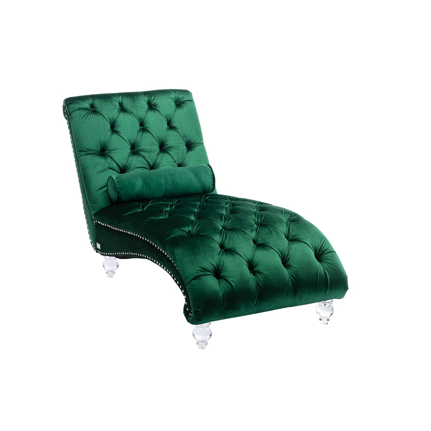 Emerald green velvet chaise lounge with diamond tufting and silver nailhead trim