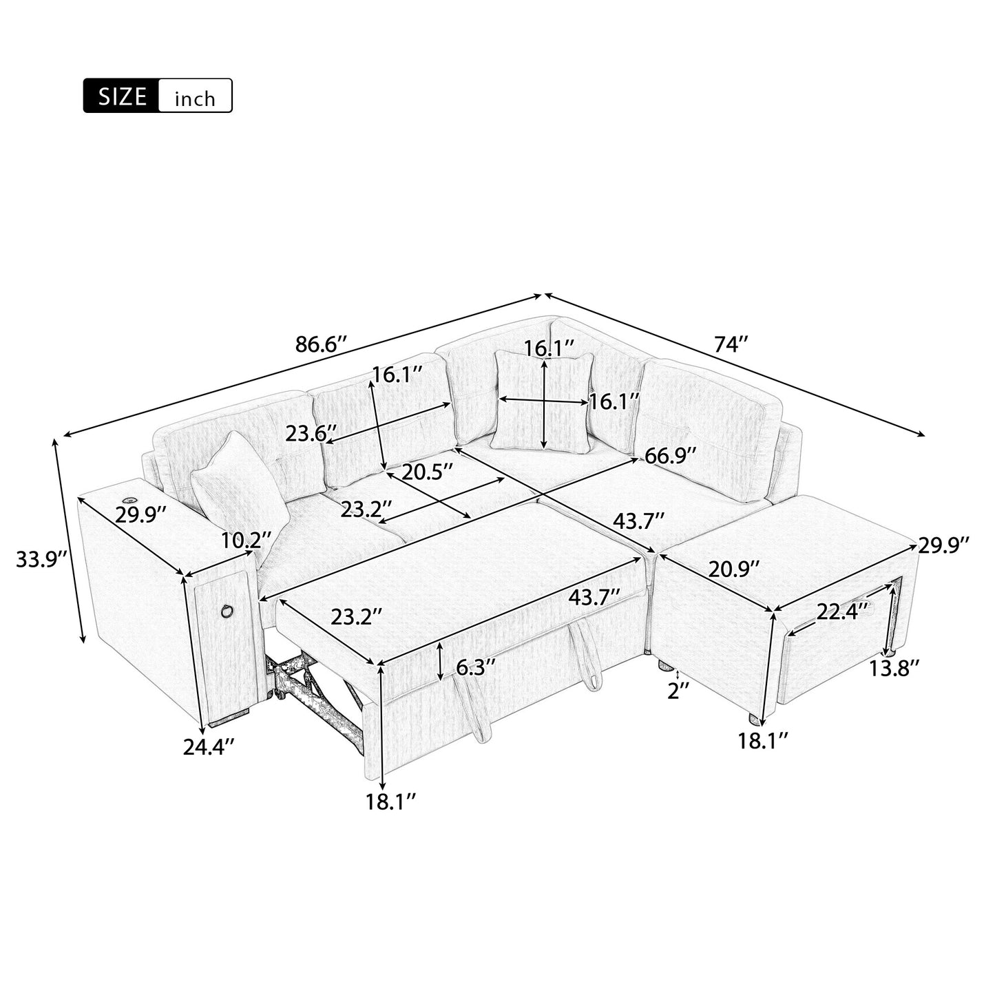 Dimensional drawing of a sectional sofa showing length and width