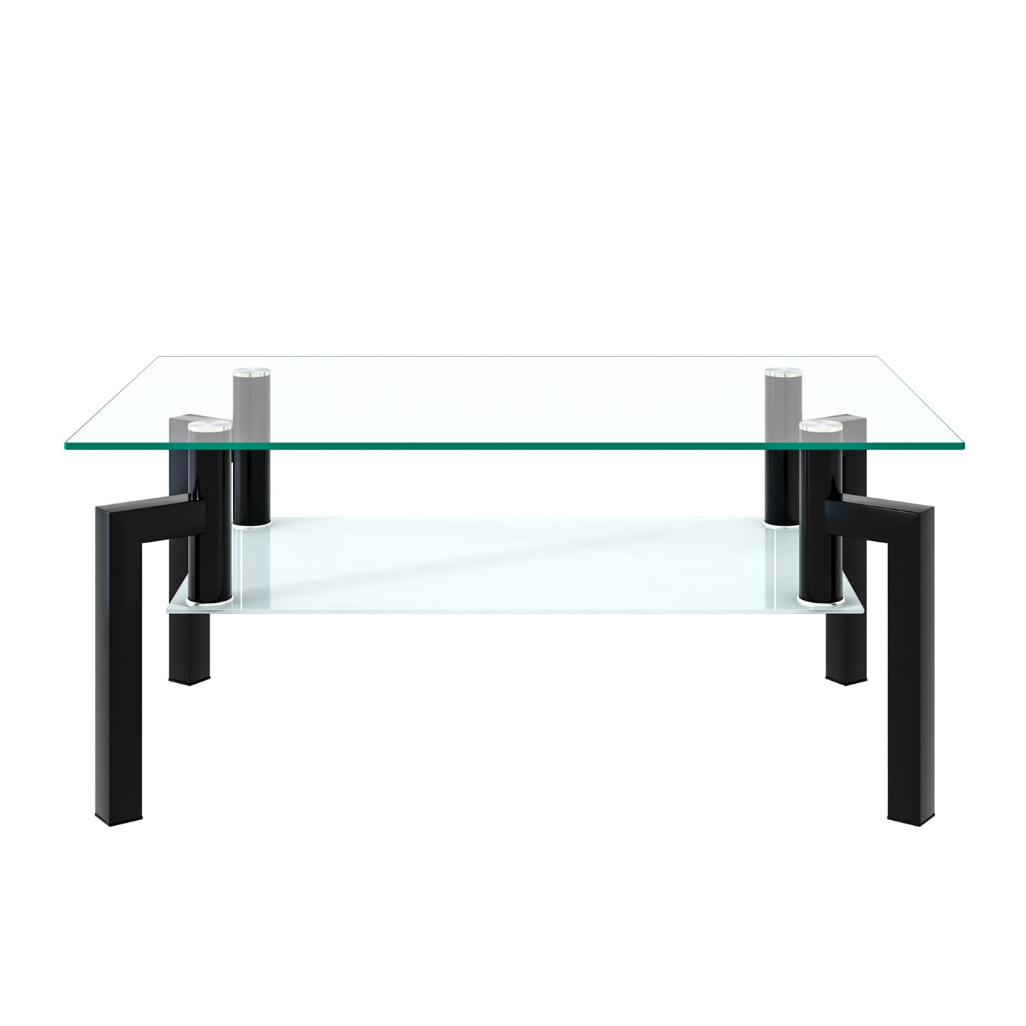 Modern glass coffee table with black metal frame and lower shelf