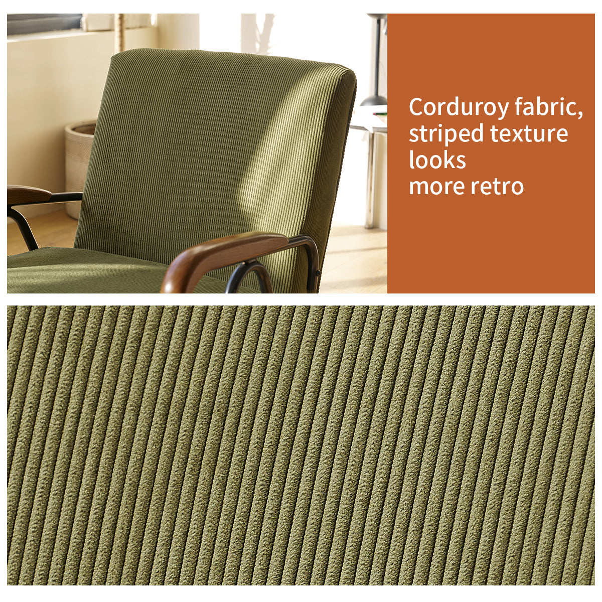 Olive green corduroy armchair with wooden armrests and metal frame