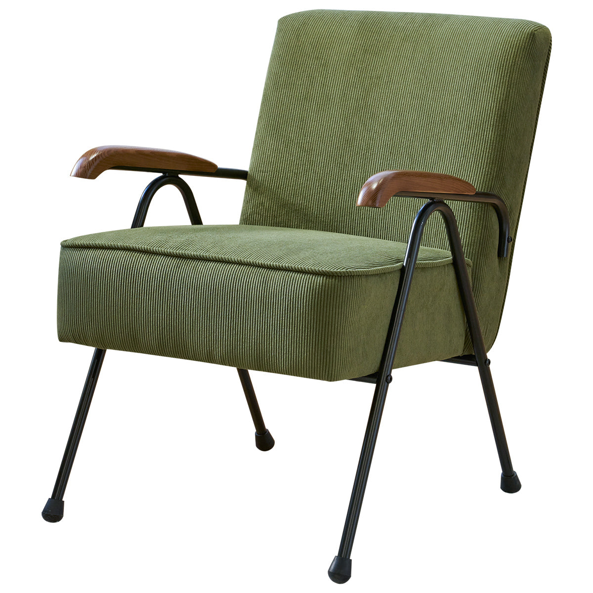 Green corduroy armchair with curved wooden armrests and black metal legs