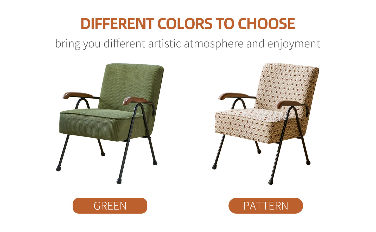 Retro armchair with textured green upholstery and wooden arms