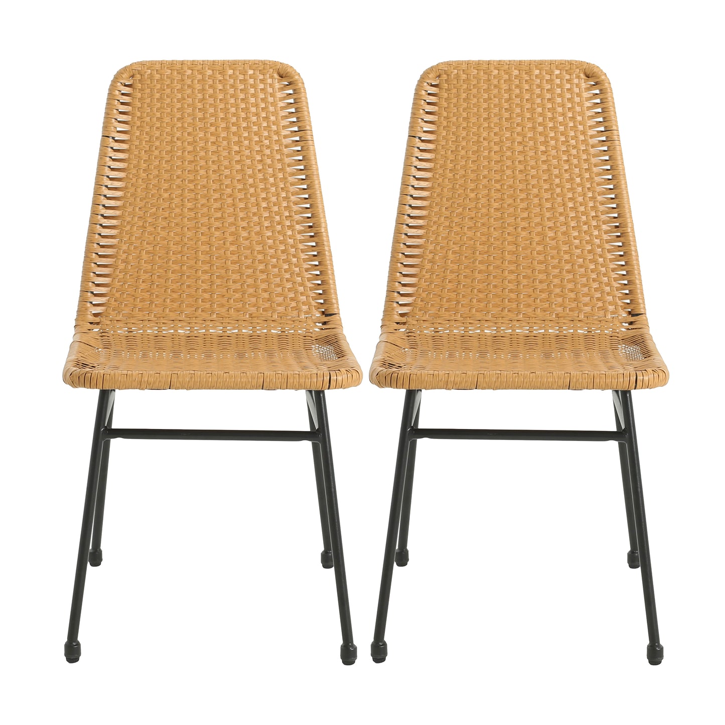 Pair of contemporary honeycolored wicker chairs with black metal legs ideal for outdoor patios