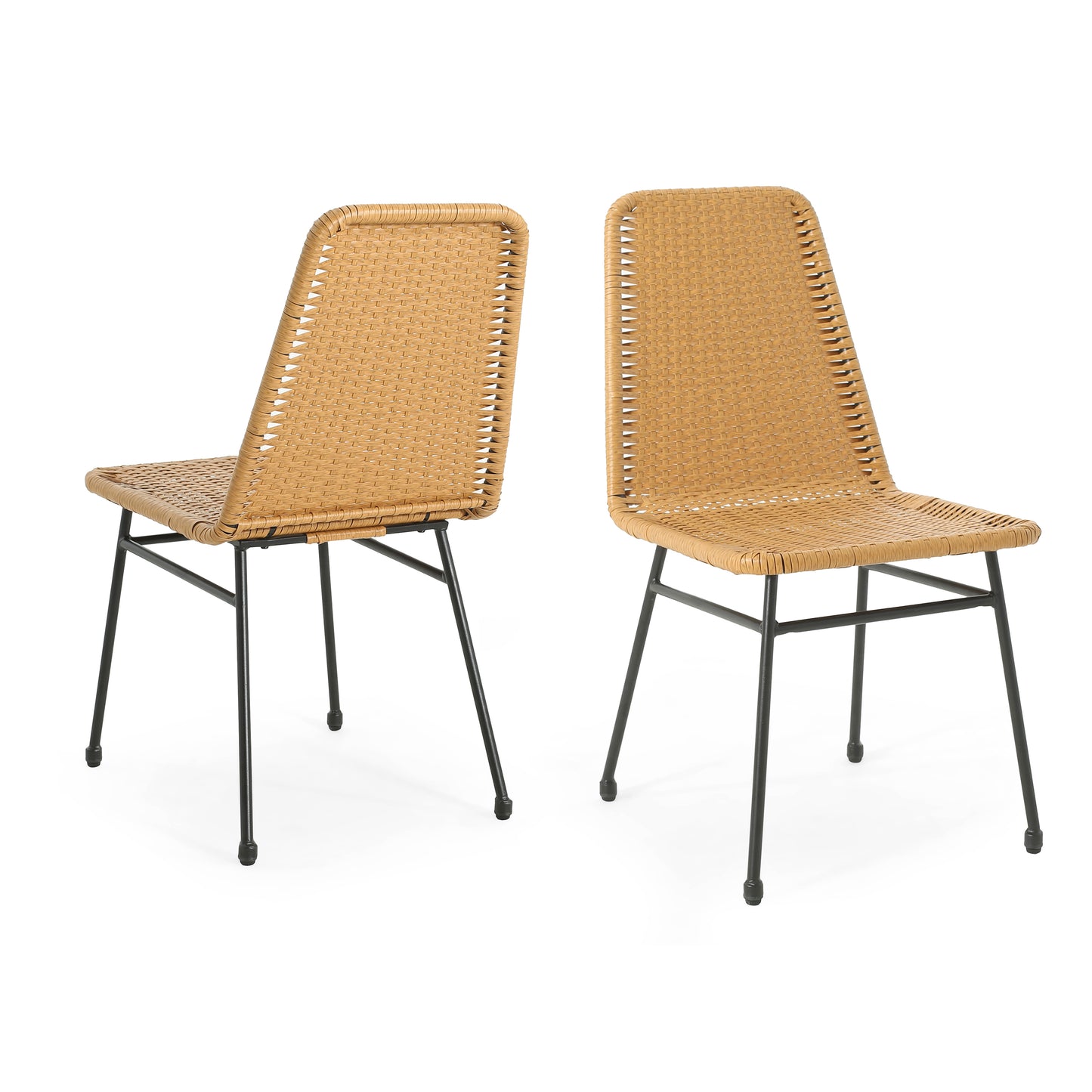 Two tan wicker chairs with black metal legs displayed sidebyside for an indooroutdoor setting