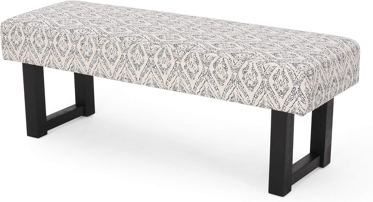 Cream and black geometric pattern upholstered bench with dark wood legs