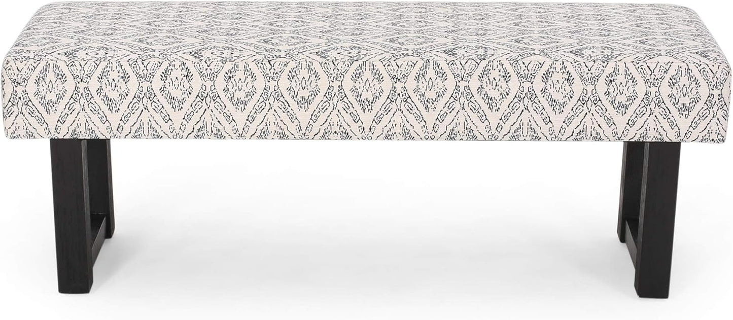 Geometric pattern fabric ottoman bench with dark wood legs