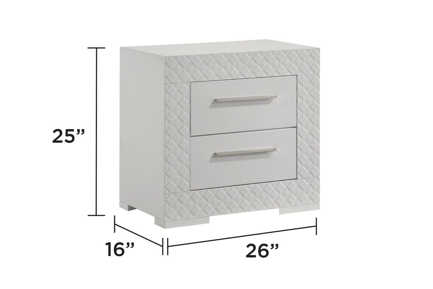 White twodrawer nightstand with diamondpatterned sides and silver pulls