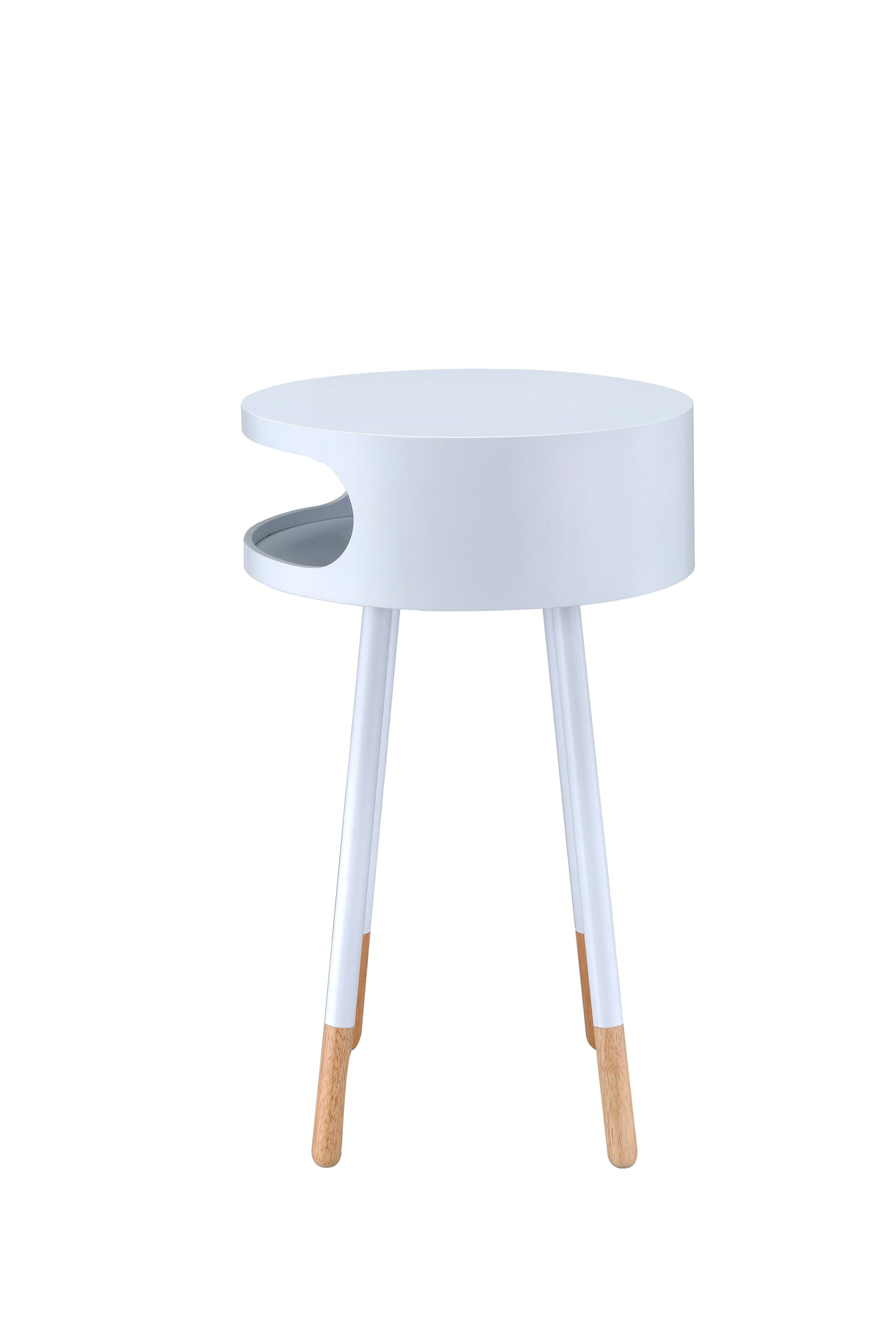 Modern white side table with a unique curved cutout and wooden legs