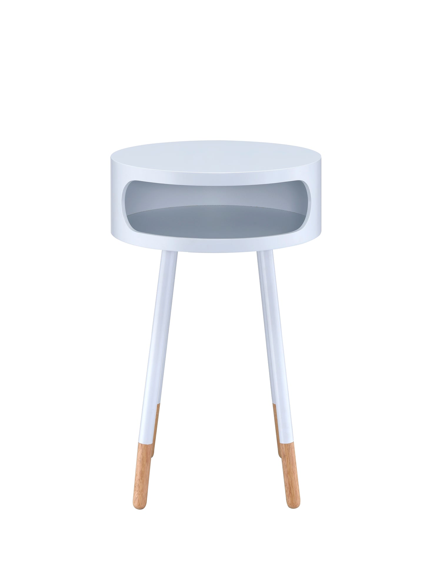 White round side table with open shelf and tapered wooden legs