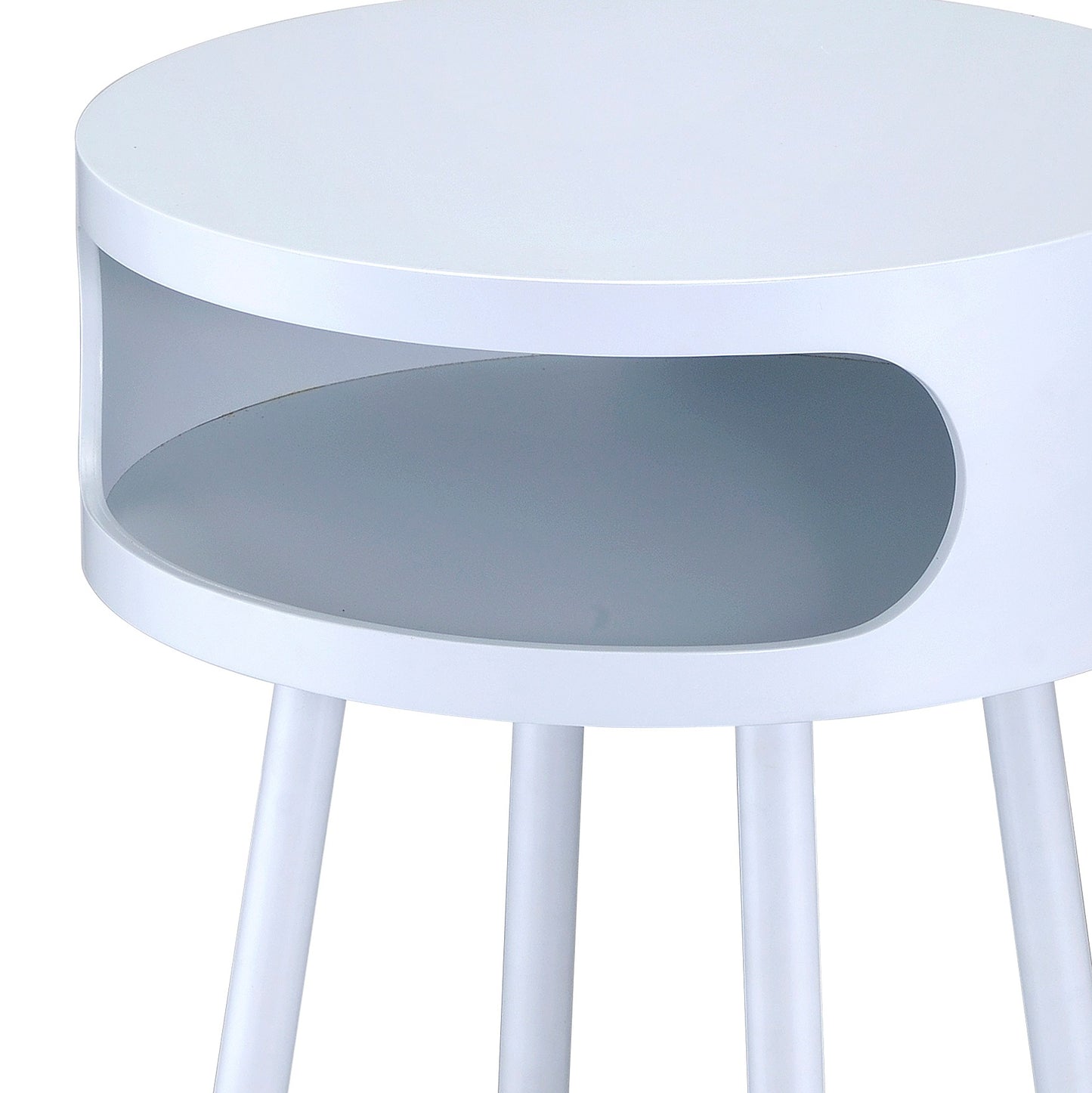 Modern white round side table with storage niche and tapered legs