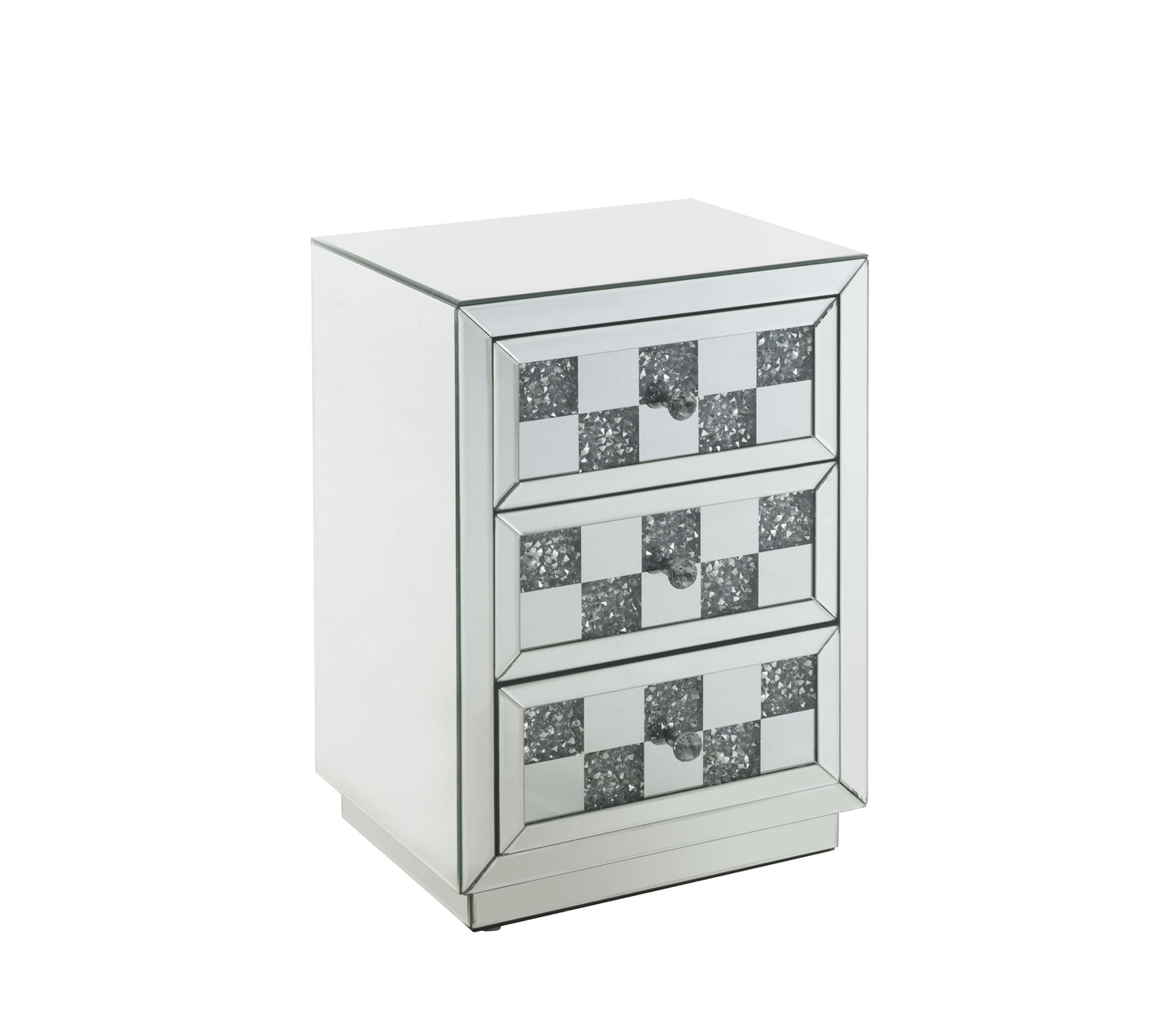 Mirrored nightstand with three crystalinlaid drawer fronts and clear knobs