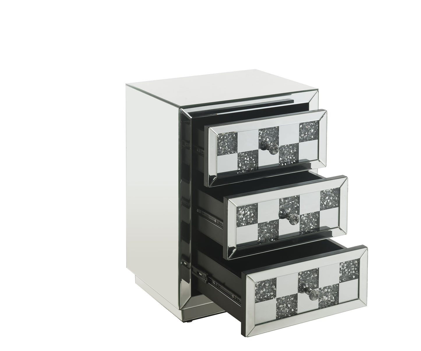 Mirrored bedside table with three drawers featuring a crushed diamond inlay on drawer fronts