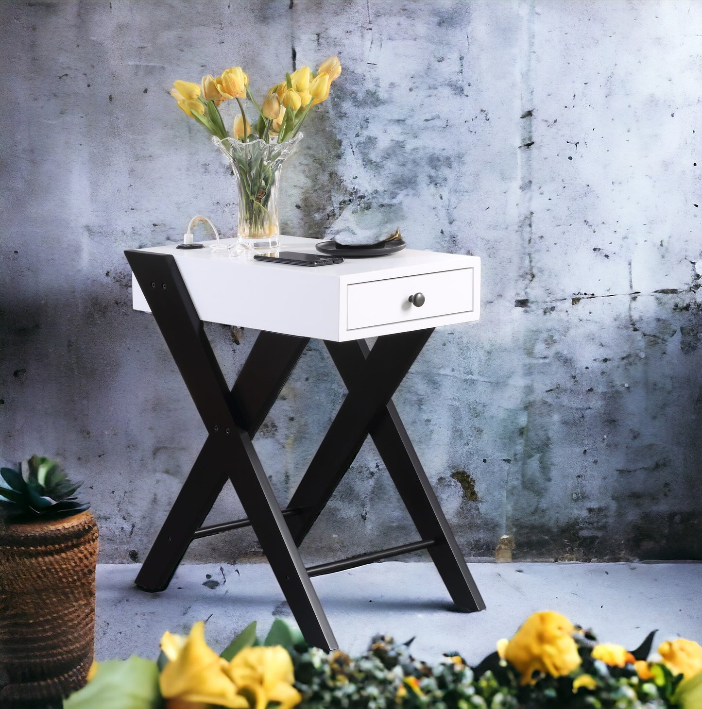 Modern white side table with black Xframe legs and single drawer