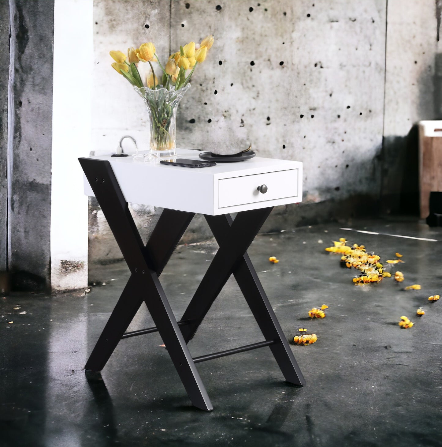 Modern white accent table with Xshaped black metal legs perfect for small spaces