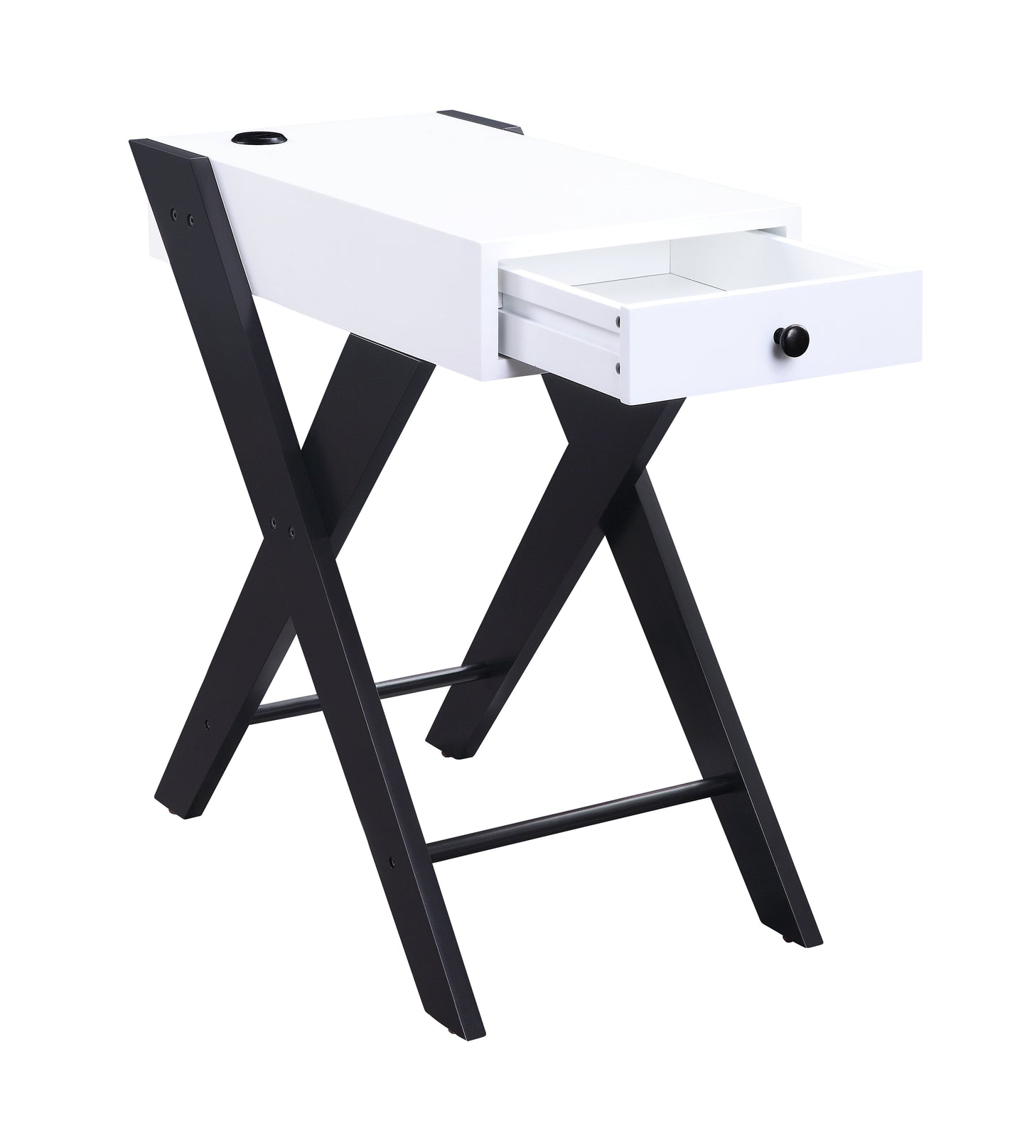 Sleek white end table with black Xleg base and open drawer ideal for modern living rooms
