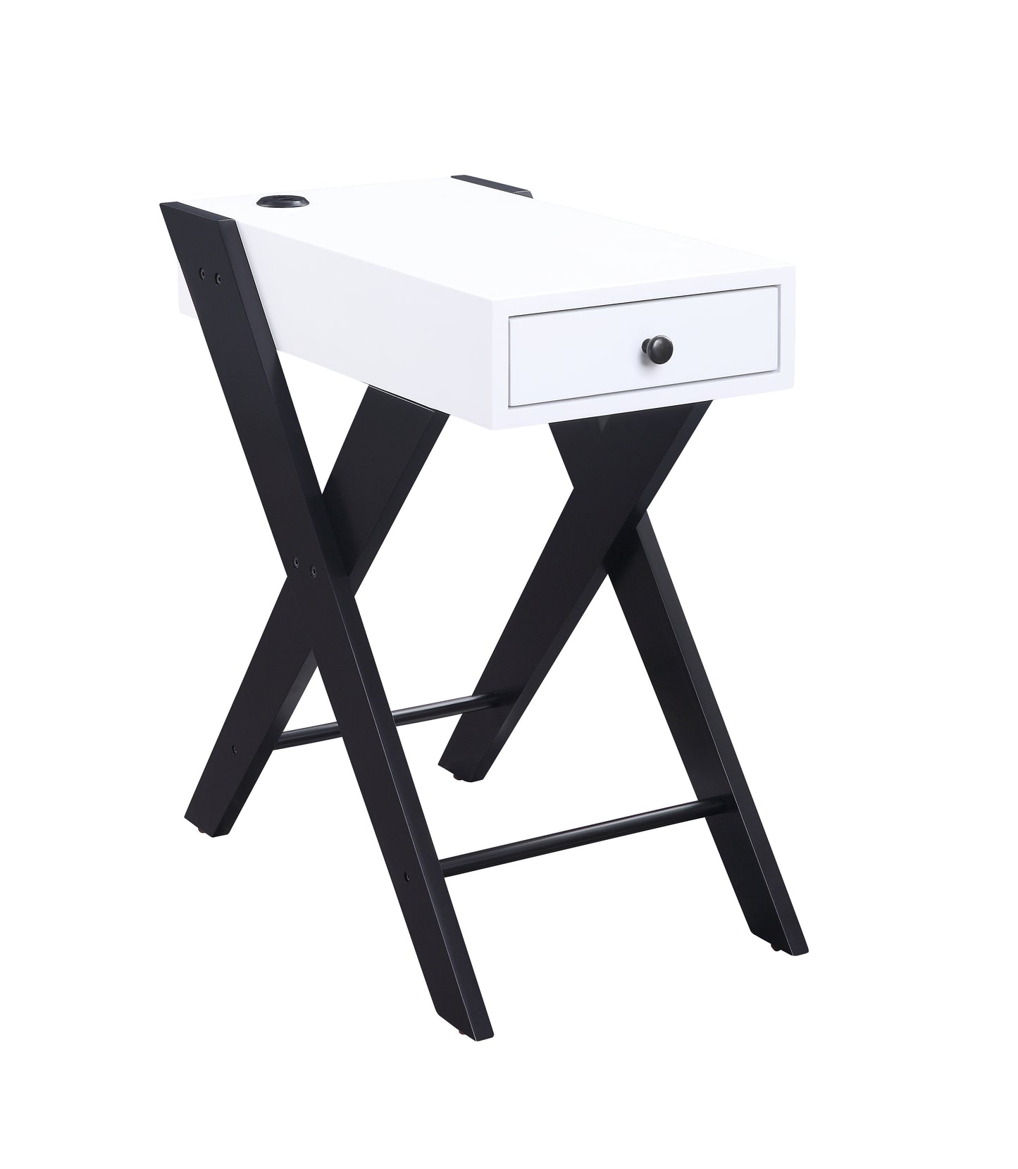 Modern white desk with a black Xframe featuring a single drawer and top cable management