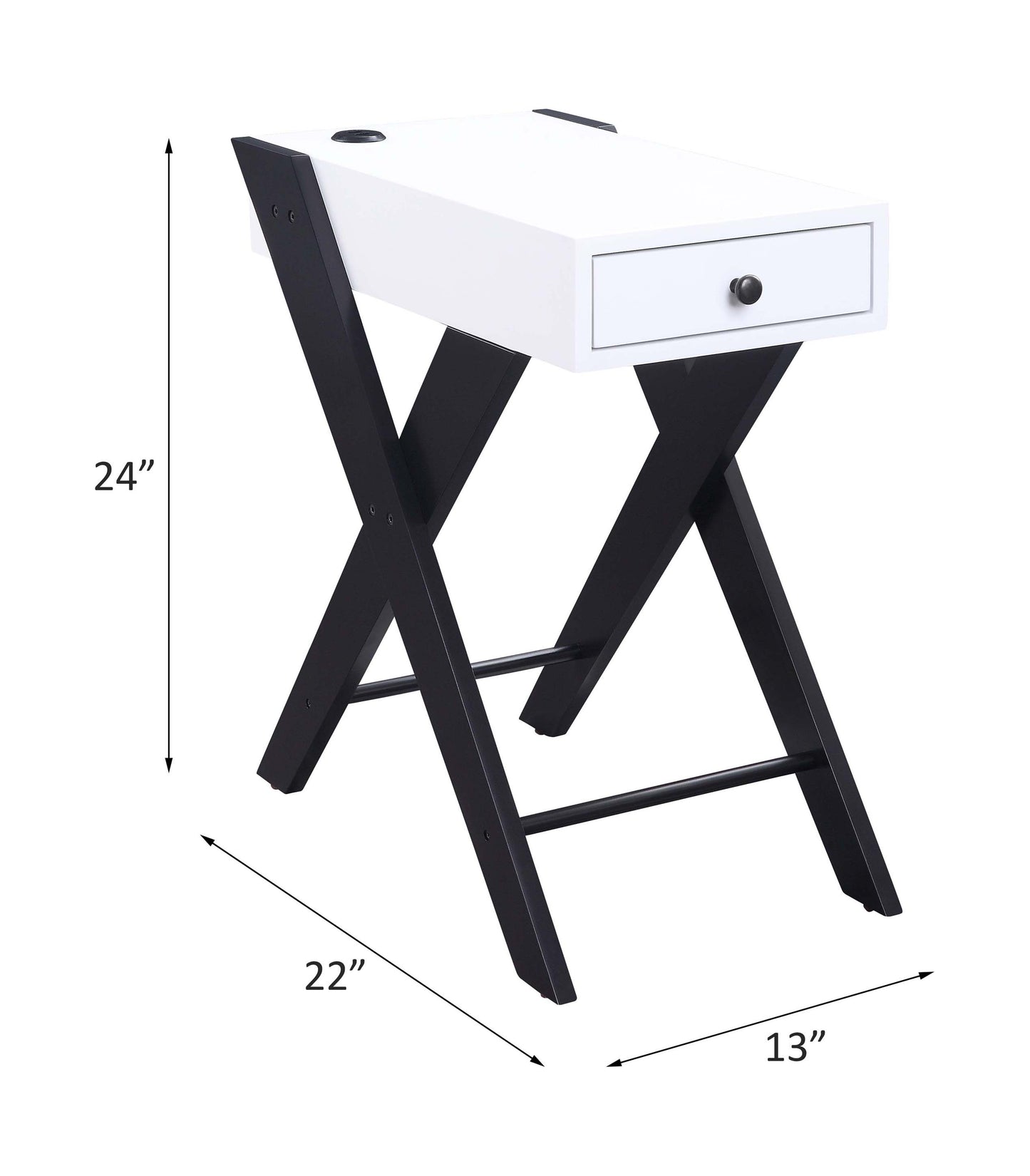 Modern white accent table with black Xshaped legs and one drawer