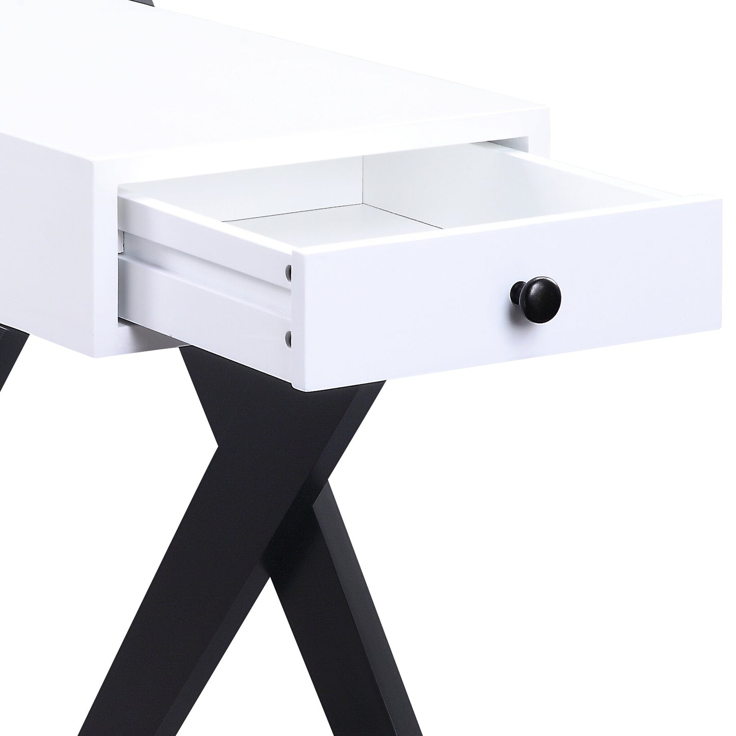 White modern desk with open drawer and black Xleg base