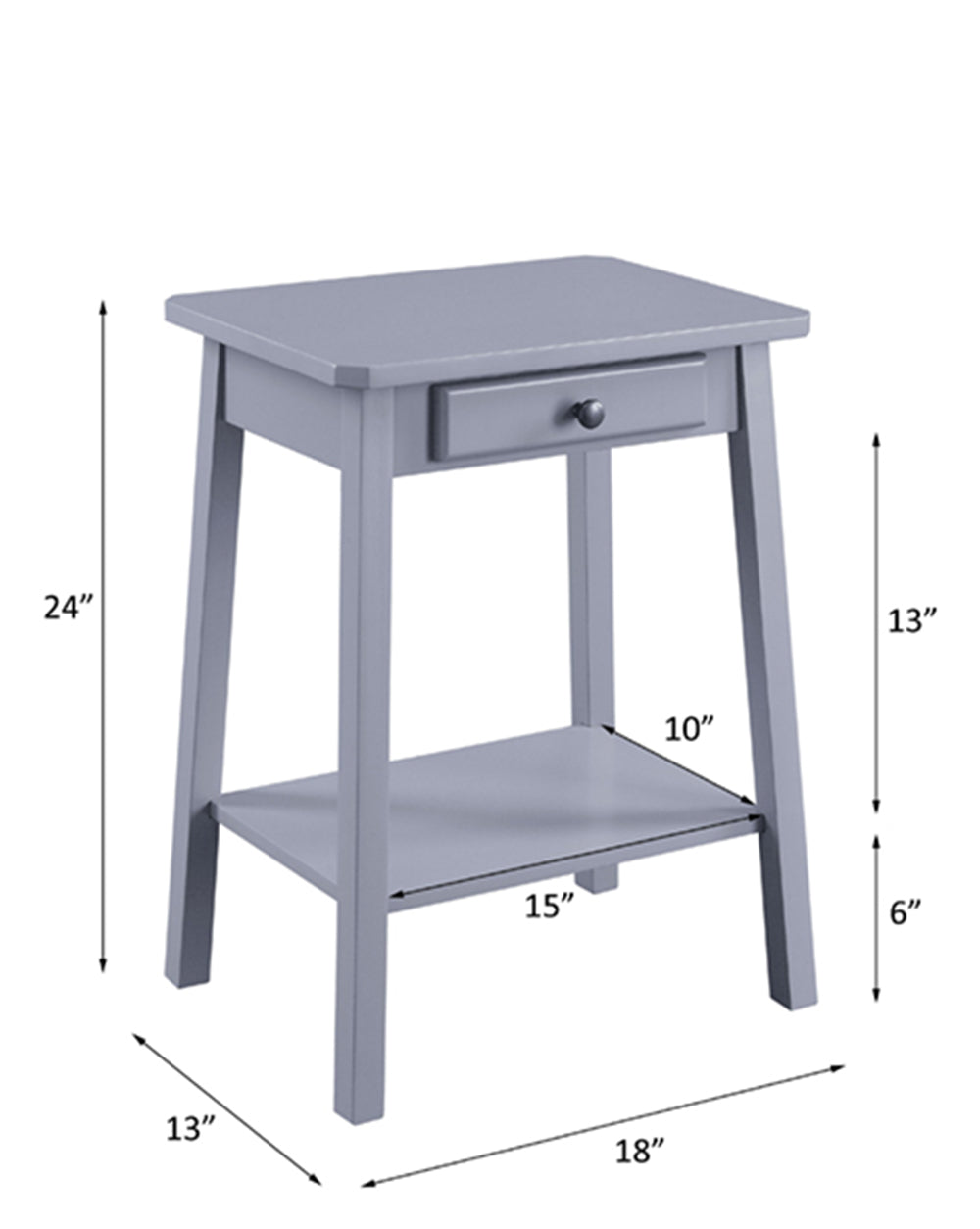 Gray wooden end table with a drawer and lower shelf inches tall