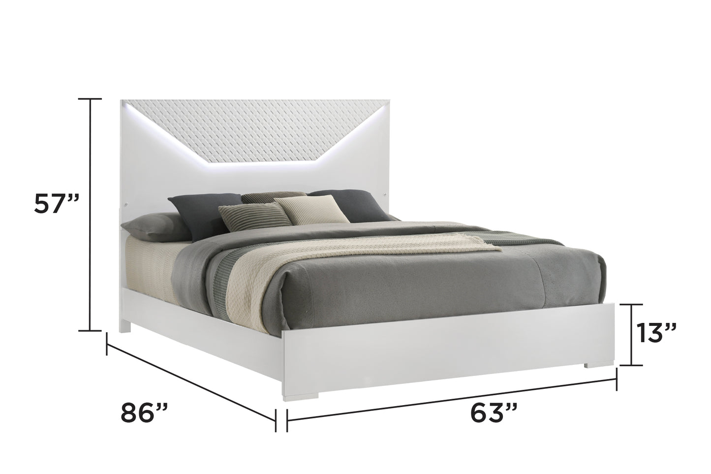 Modern white bed frame with integrated LED lighting in the headboard queen size