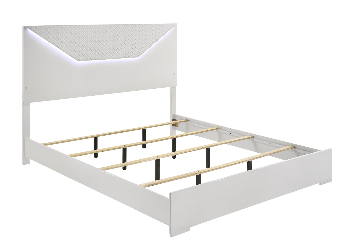 Modern white platform bed frame with diamondtufted headboard and LED accent lighting