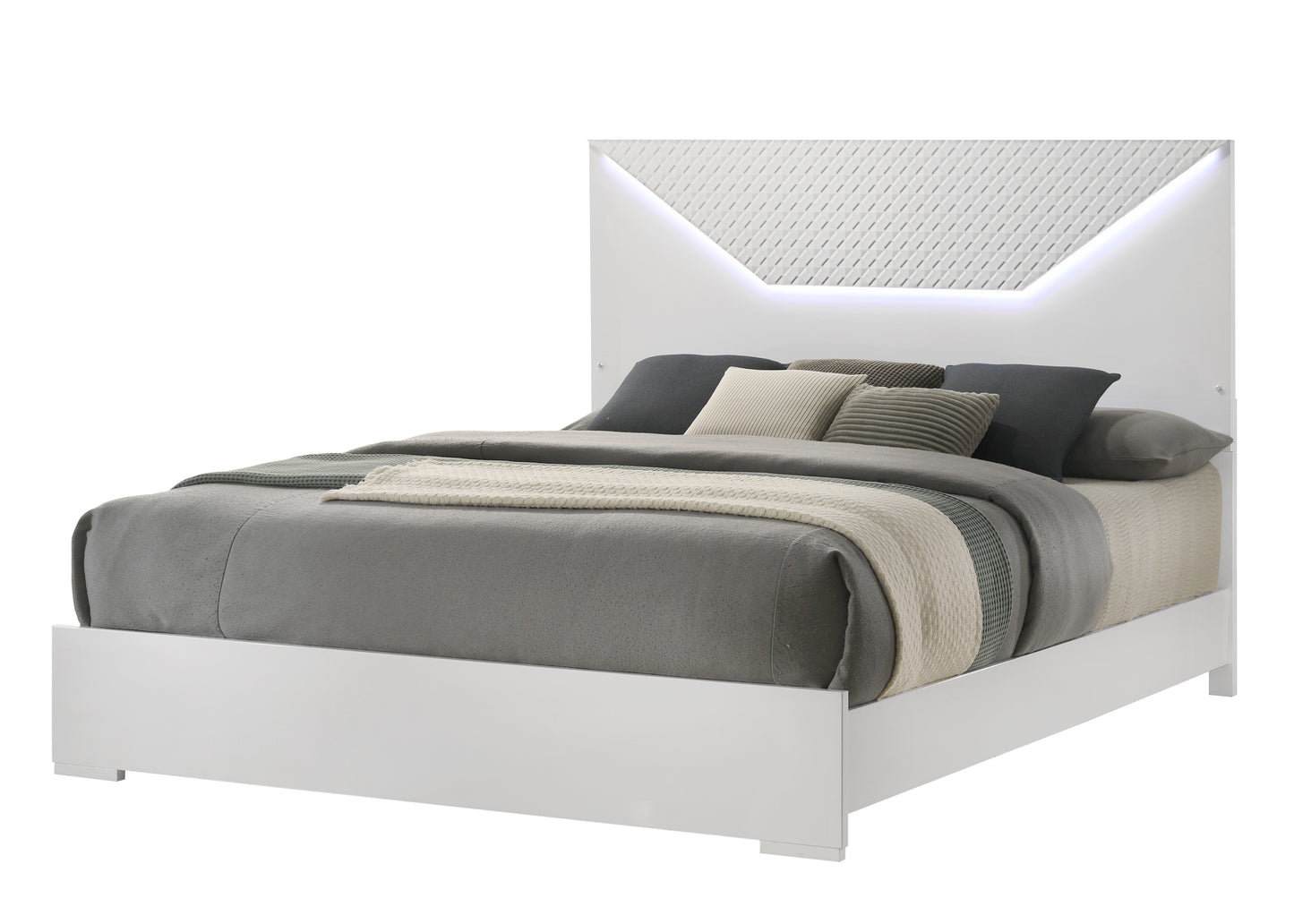 Modern white platform bed with builtin LED headboard lighting and textured panel